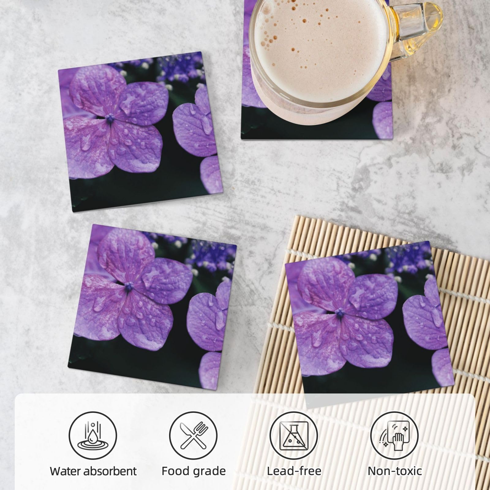 Set di 4 sottobicchieri in ceramica con stampa floreale ortensia