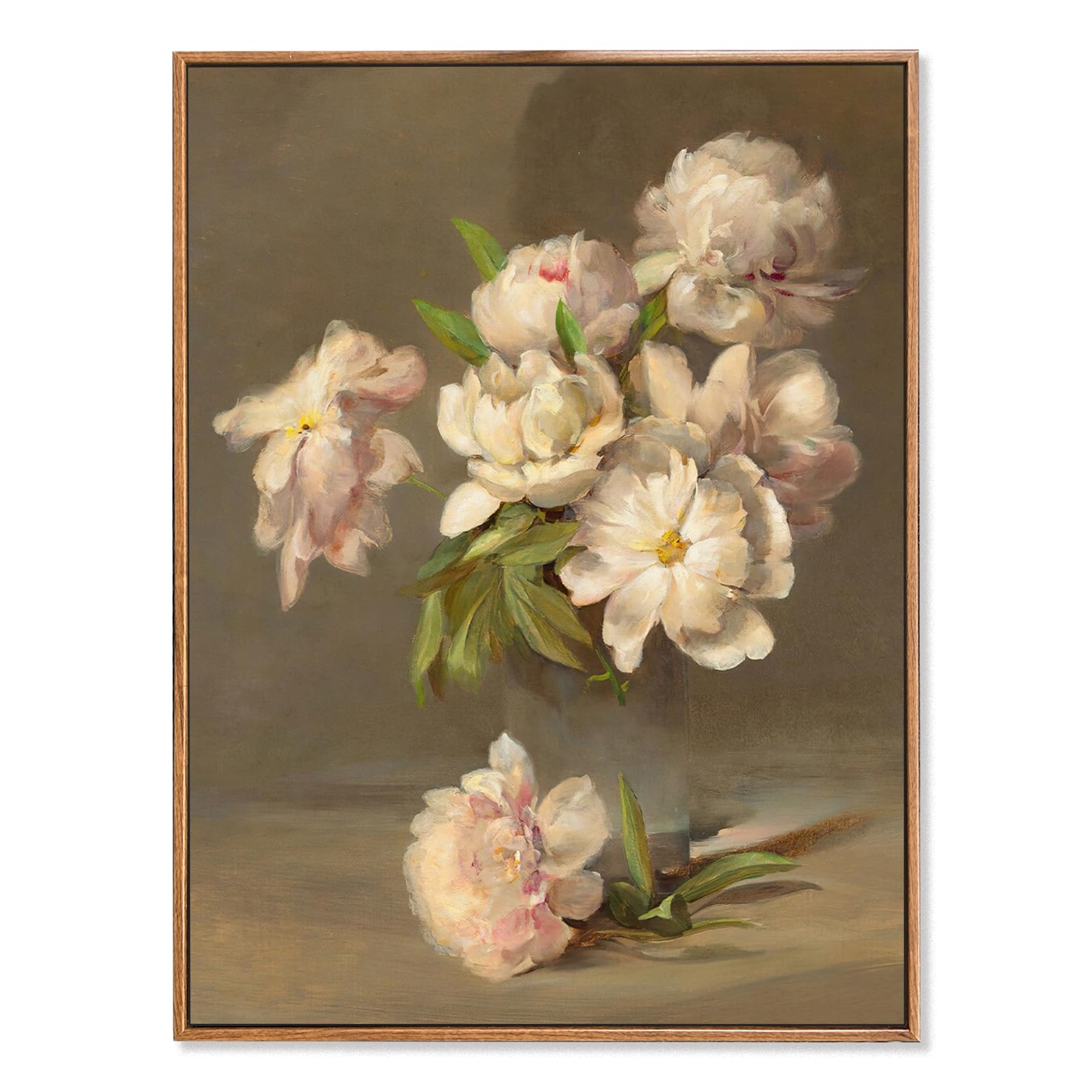Qizee Framed Canvas Painting, 12x16in Vintage Floral Wall Art Print, Pink Peonies Home Decor