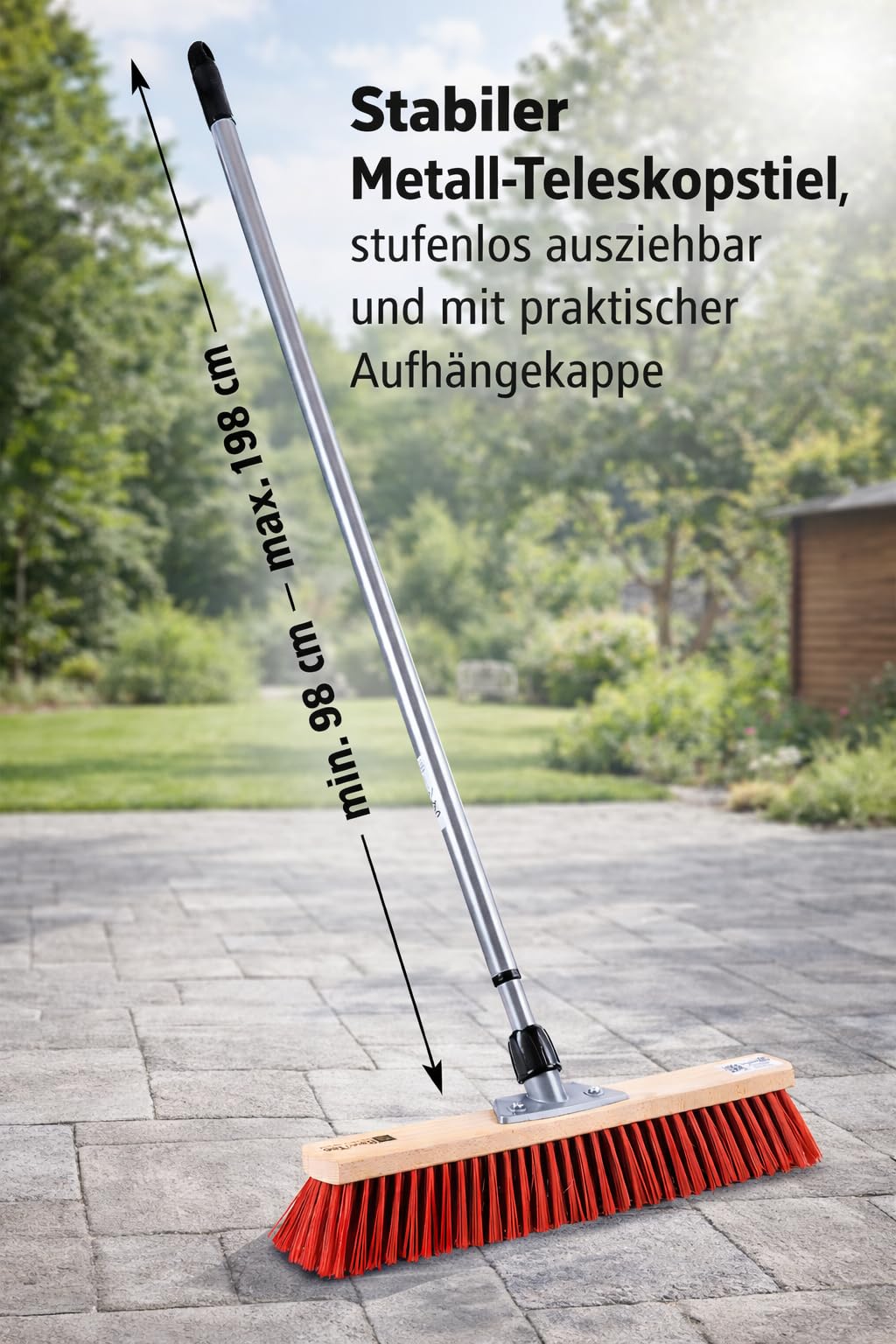 Profi Straßenbesen 50cm Breit mit Teleskopstiel rote Borsten Besen Stiel | Metall-Teleskopstiel, Verstellbar 100cm - 200cm, Ausziehbar, Stabiler Kehrbesen für Draußen