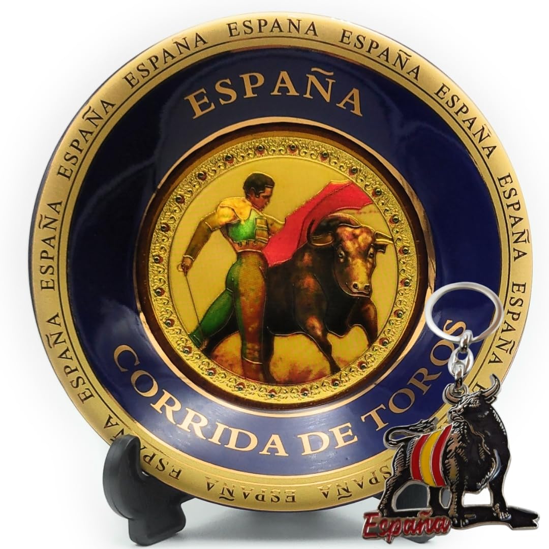Plato Decorativo España Corrida De Toros + Llavero Souvenir Toro (Incluye Soporte Y Gancho para Colgar) | Regalo Original para Amantes De La Cultura Española Y El Arte Taurino (Torero)