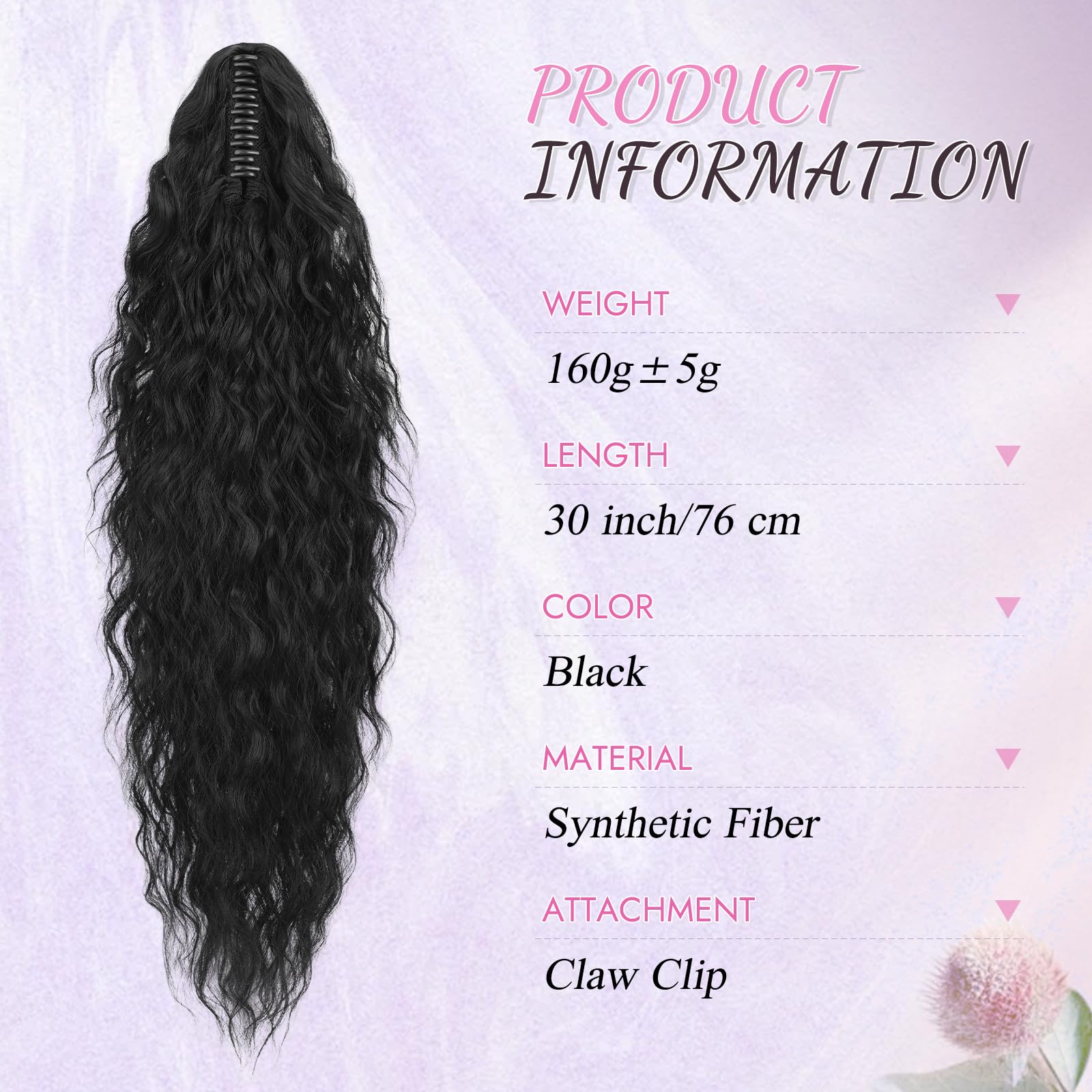 RUWISS Pferdeschwanz mit Klammer 76 cm Lange Wellig Lockig Pferdeschwanz Haarteil Synthetik Gewellt Claw Clip in Ponytail Extension für Damen, Schwarz