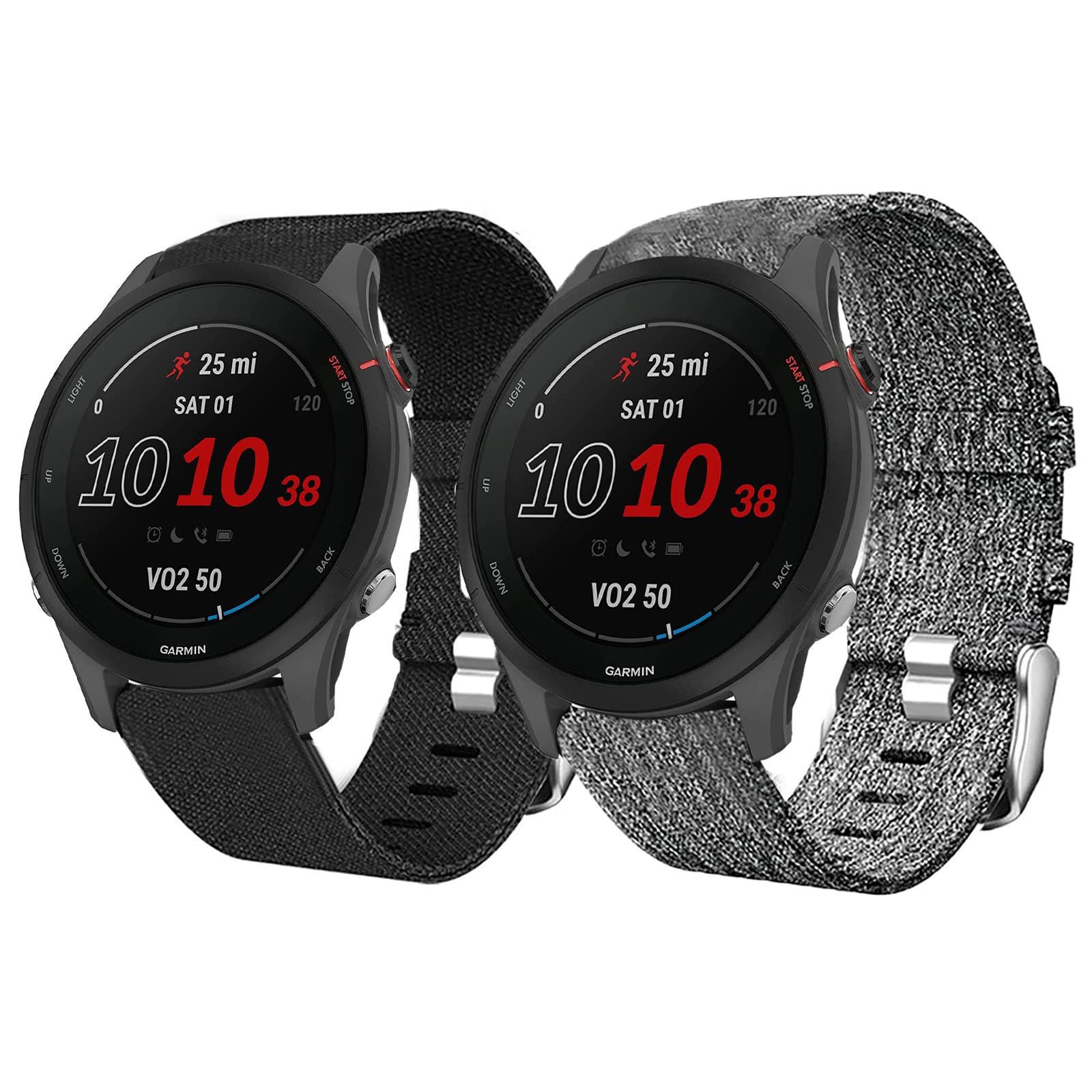 Compatible for Garmin Forerunner 255 Band, onetuo Breathable Nylon Woven Fabric Replacement Accessory Strap Compatible for Garmin 255 46mm / 255S 41mm (46mm case Forerunner 255, 2 pack-Black+Gray)