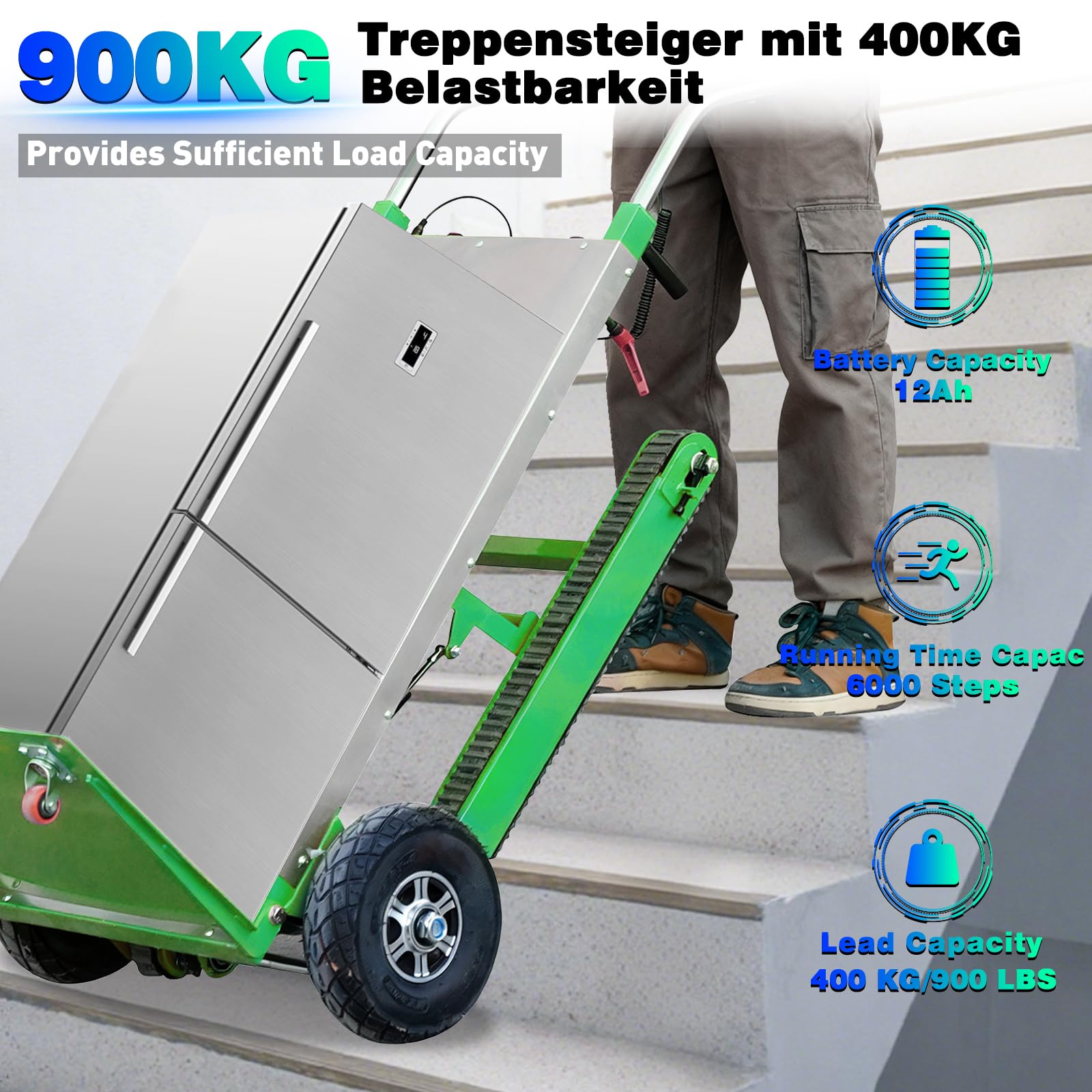 Afitdon Carrello elettrico da 1250 W, con capacità di carico di 400kg, per scale e discese, con corda di sicurezza e pompa ad aria, per il trasporto di mobili 4D1