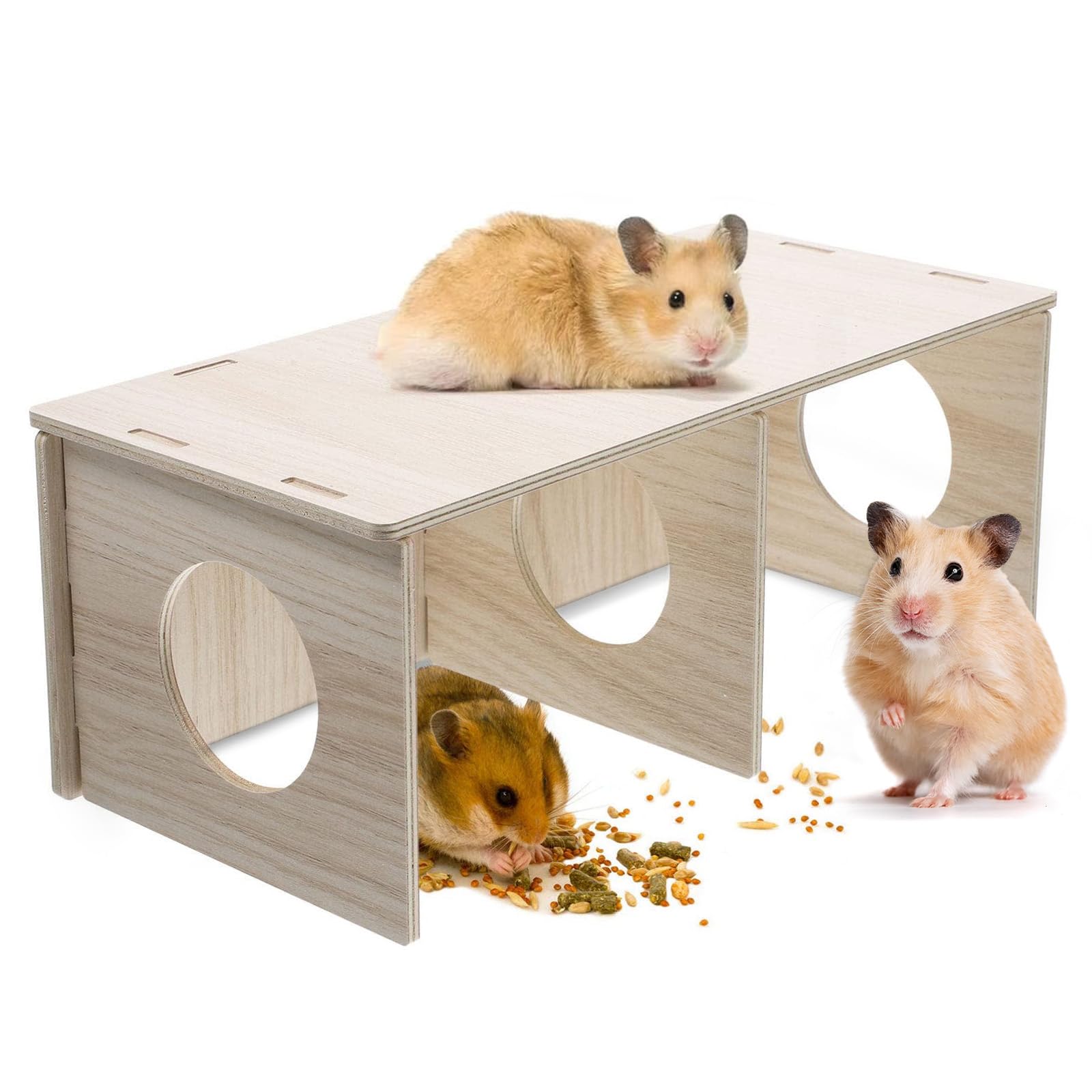 Artomnivera Hamster House Wood 3-Chamber Multi-Room Hideout for Syrian Hamsters, Dwarf Hamsters, Gerbils, and Other Small Animals – Natural Wood Cage Accessory (21 x 10.8 x 8 cm)