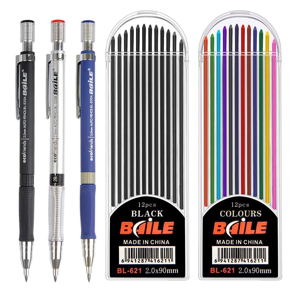 CYH Mechanical Pencil Kit 2 mm, 3 Pieces Mechanical Pencil Set Blue, Black and Silver, 24 Pieces Coloured Leads and Black for Drawing Project Writing Making Artistic Drawing
