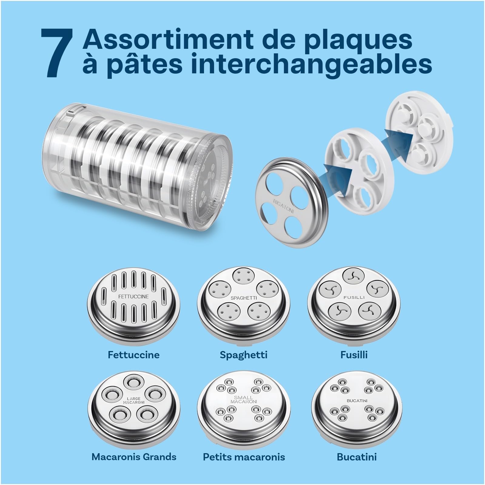 Presse à Pâtes pour KitchenAid Robots Pâtissiers par MMOBIEL – 7-en-1 Machine à Pâtes- Plaques Interchangeables pour Fusilli, Rigatoni, Spaghetti, Bucatini, Fettuccine & Macaroni – Installation Facile