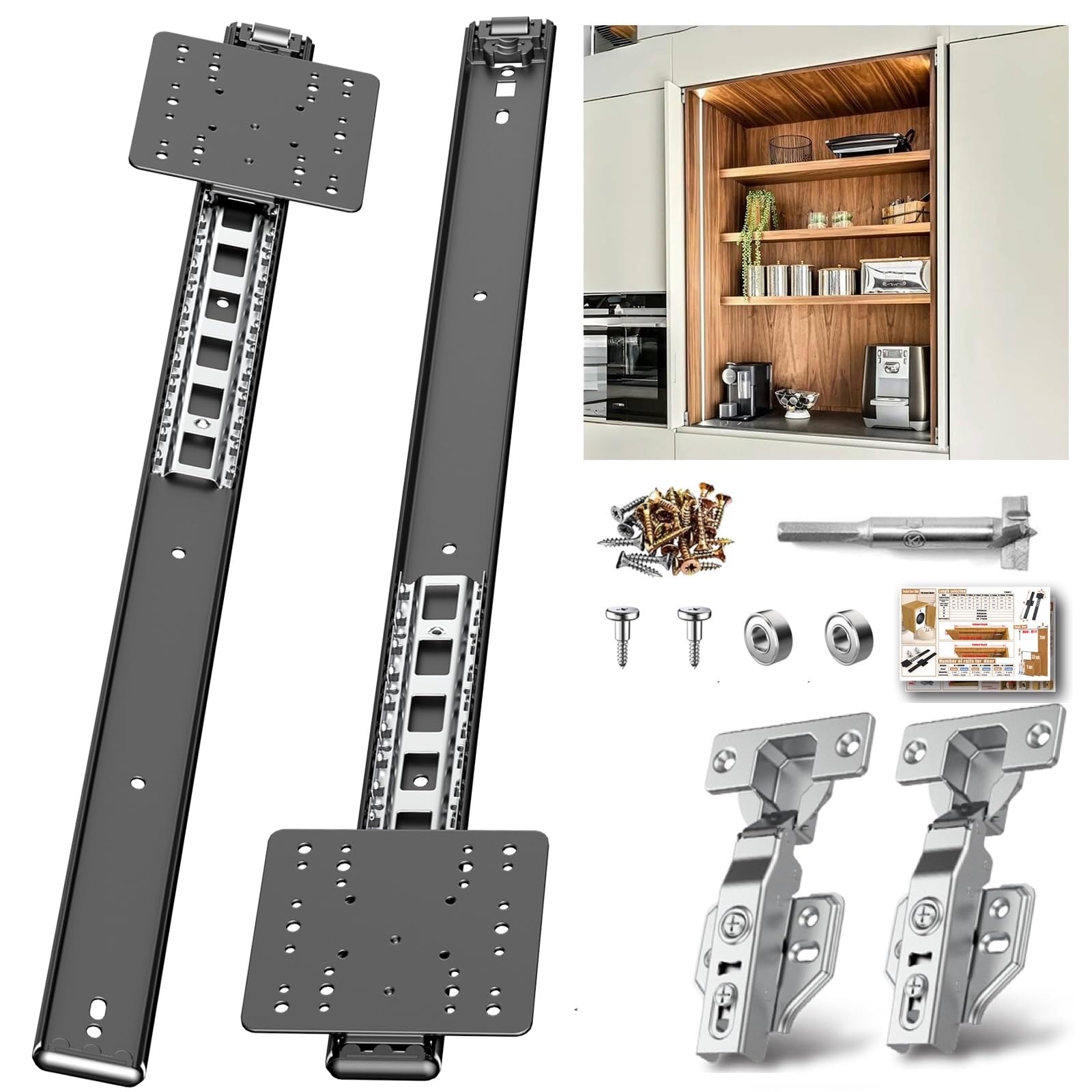 Sliding Hidden Door Track, Pocket Door Hardware, Smooth Gliding Pocket Door Slides with Hinges for Cabinet and Recessed Doors (12IN, Set, 1) (Black, 24inch-1set)