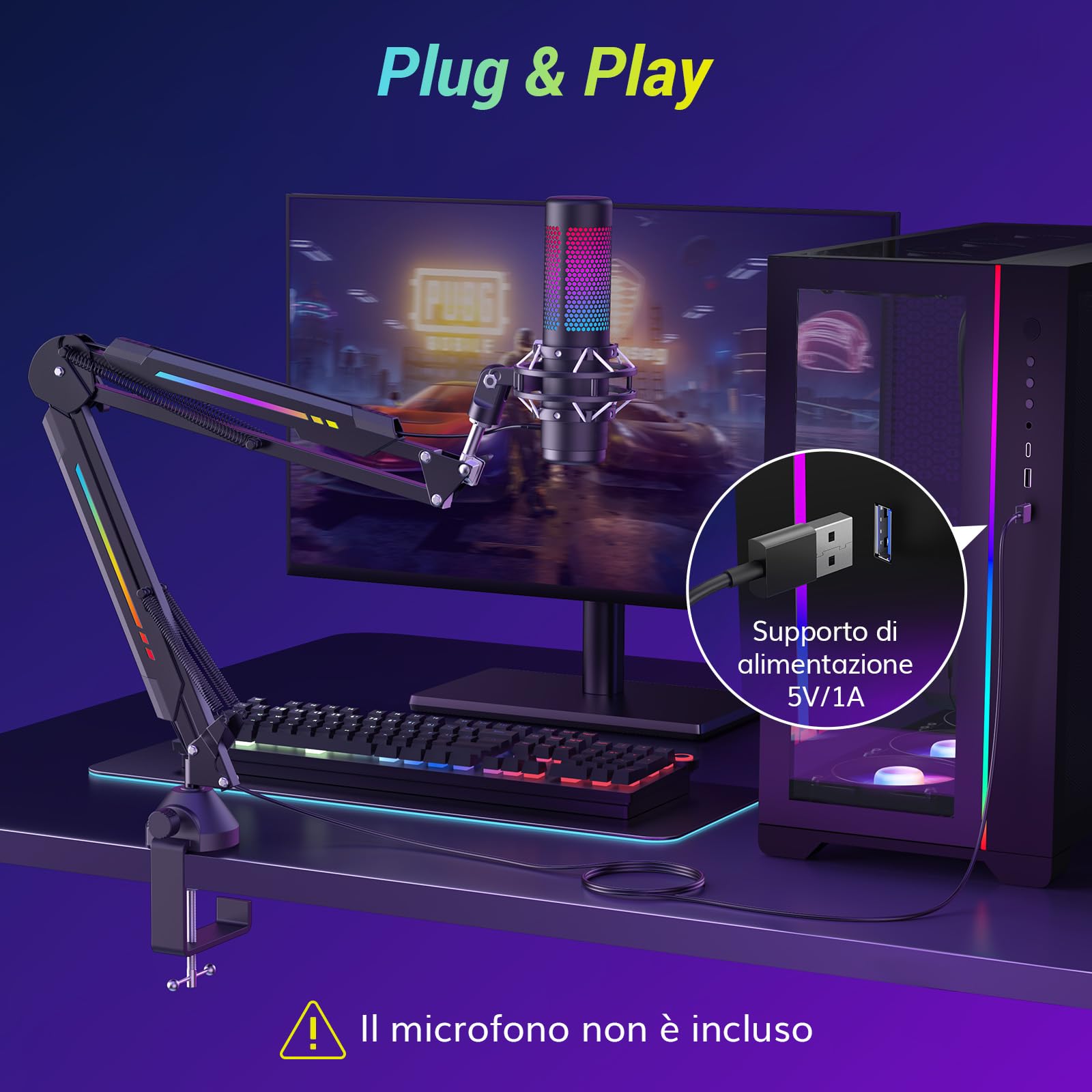 TONOR Braccio per Microfono con RGB, Braccio per Microfono con Morsetto per Montaggio su Scrivania, Modalità RGB con Controllo Tramite App, Gestione Cavi, per Streaming, Giochi, Studio, T20S