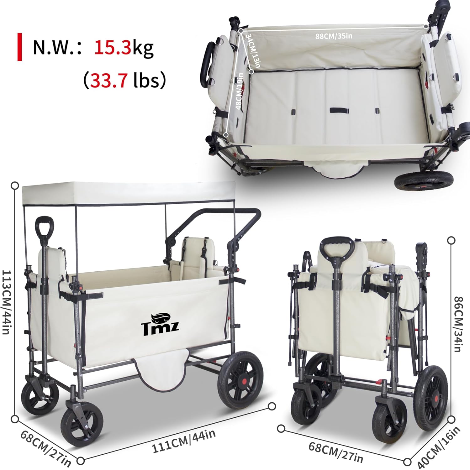 TMZ Collapsible Wagon Cart with Side-Opening Seat Conversion Design, Foldable Utility Wagon with 2 Seats, Heavy Duty Wagon 265 lbs Load Capacity (Beige)