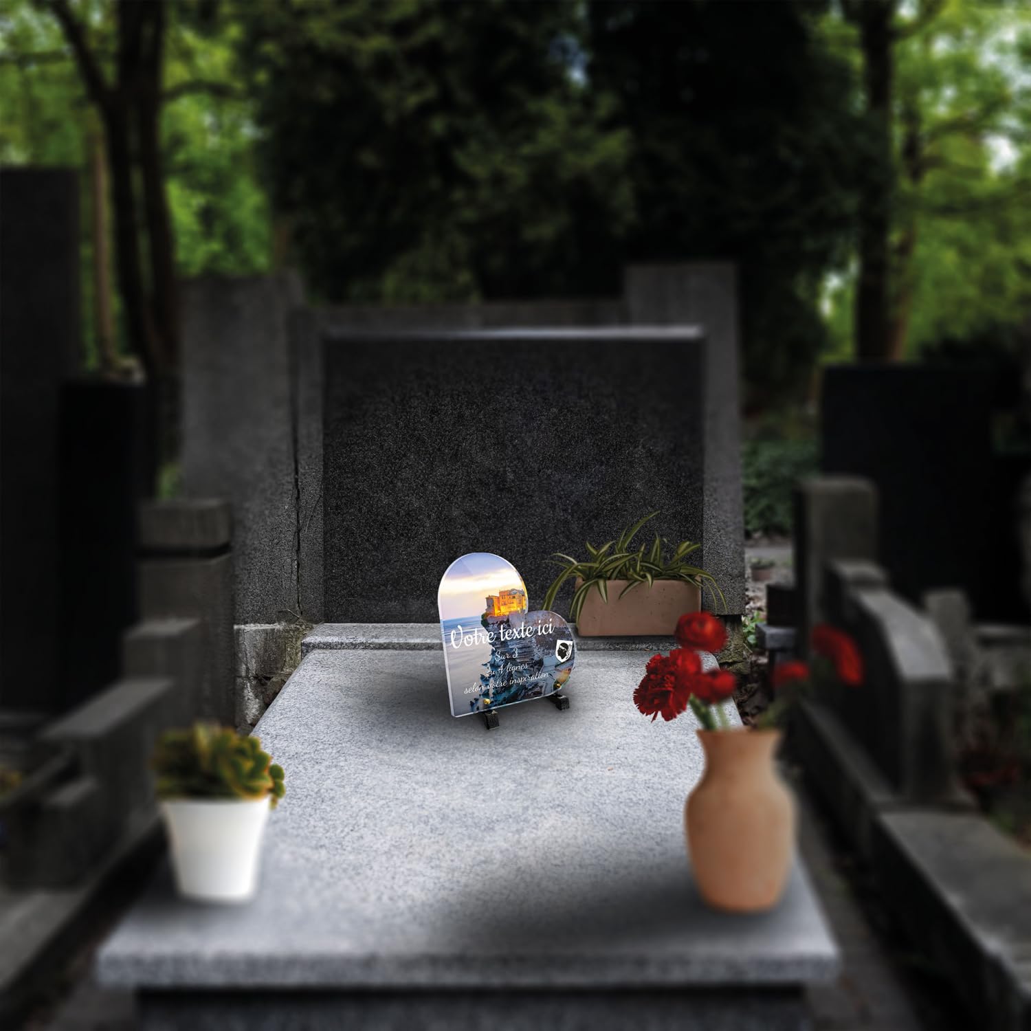 Placa funeraria Corazón personalizable en plexi con diseño regional de Córcega Bonifacio, varios tamaños, grosor 6 mm, personalizado en varias líneas 20x20 cm