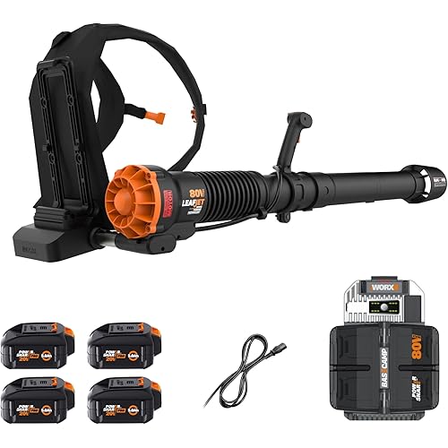 WORX Nitro 80V Cordless Leaf Blower, 800 CFM 150 MPH, Brushless Backpack Electric Leaf Blower WG572, Turbine Fan, Variable Air Control – 4 PowerShare Batteries, Basecamp Charger Included