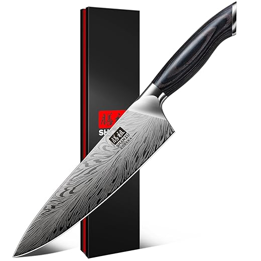 SHAN ZU Chef Knife in Powder Steel, Japanese Kitchen Knife 20cm Professional High Carbon Cooking Knives Ultra Sharp Carving Knife Utility Knife with Ergonomic Full Tang Pakkawood Handle