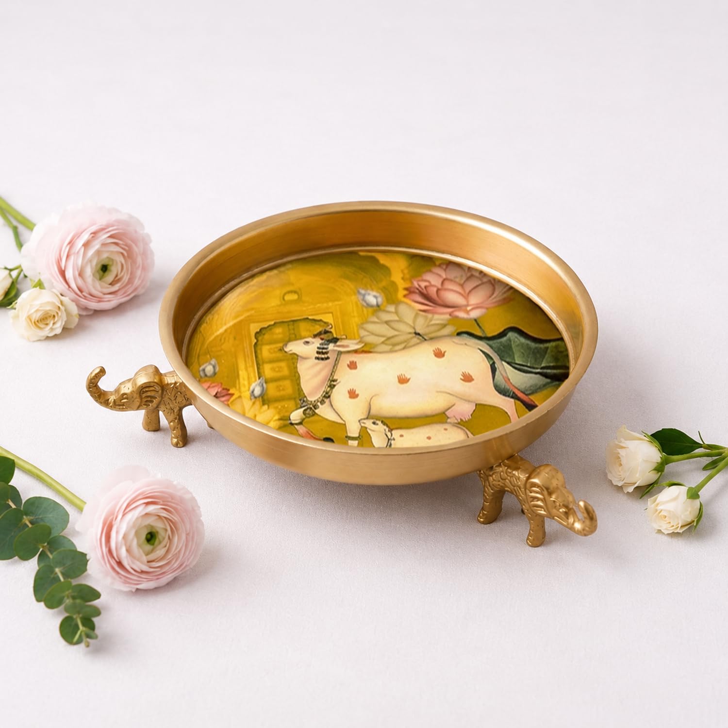 Pichwai Elephant Urli Bowl (Yellow) for Home Décor | Handcrafted Floral Urli with Elephant Base | Festive Table Centerpiece-image-41