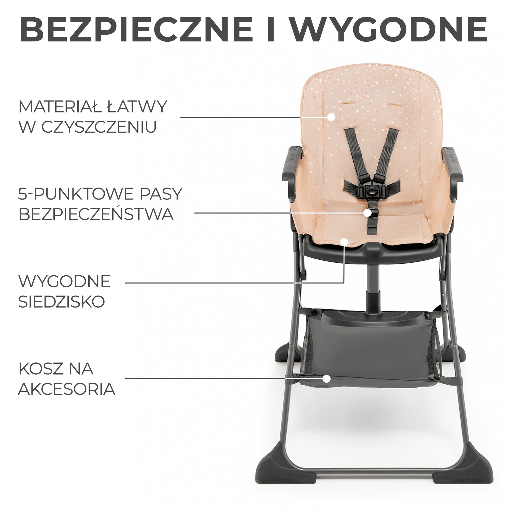 Kinderkraft FOLDEE Krzesełko do karmienia, Krzesełko dla dzieci, Składane do kompaktowych rozmiarów, Regulowane oparcie i podnóżek, Tacka i koszyk w zestawie, od 6 miesięcy, Różowe