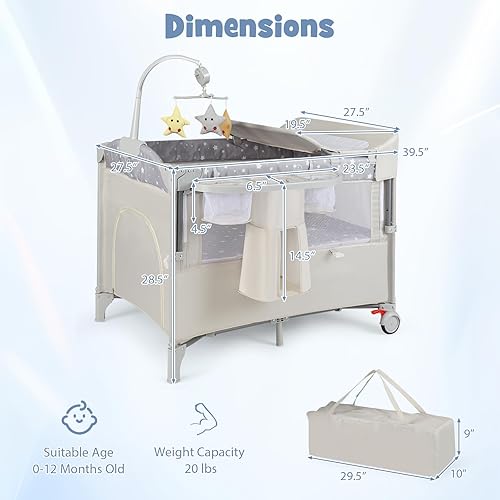 Miniatura 5 de BABY JOY Pack and Play 5 en 1, Cuna Portátil para Bebé al Lado de la Cama con Moisés, Cambiador de Pañales en Forma de U, Correa de Seguridad, Beige