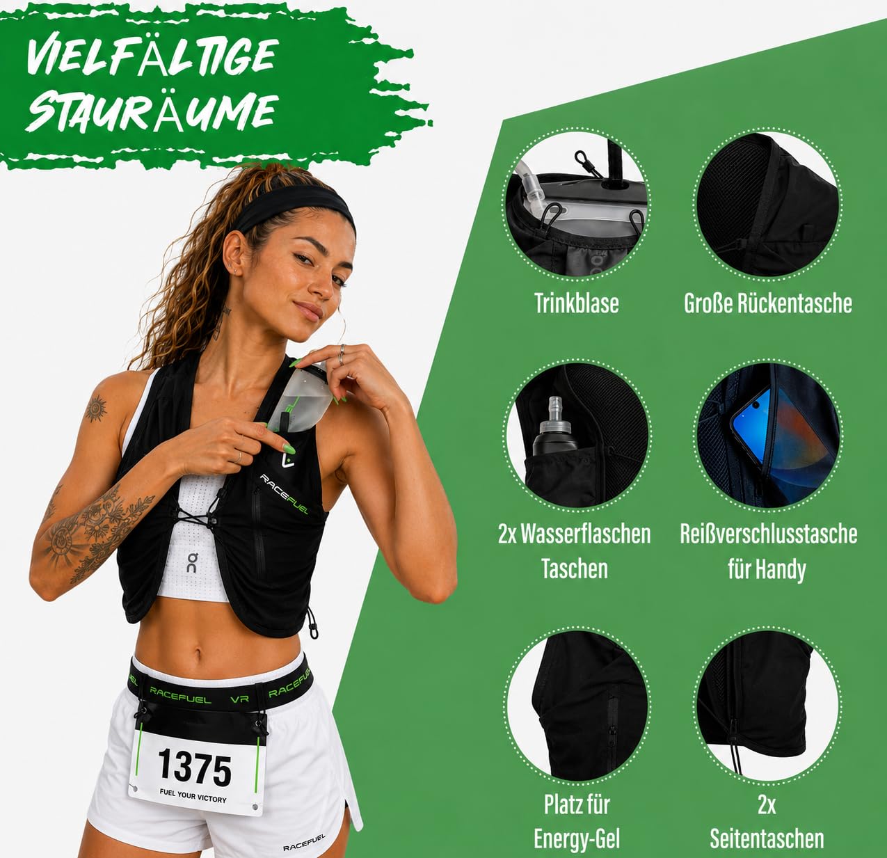 RaceFuel Ultraleicht Trinkrucksack, Trail Rucksack, Trinkweste, Hydration Pack Fahrradrucksack für Laufen, Wandern, Marathoner für 1,5L Trinkblase oder 500ML Wasserflasche/Softflask