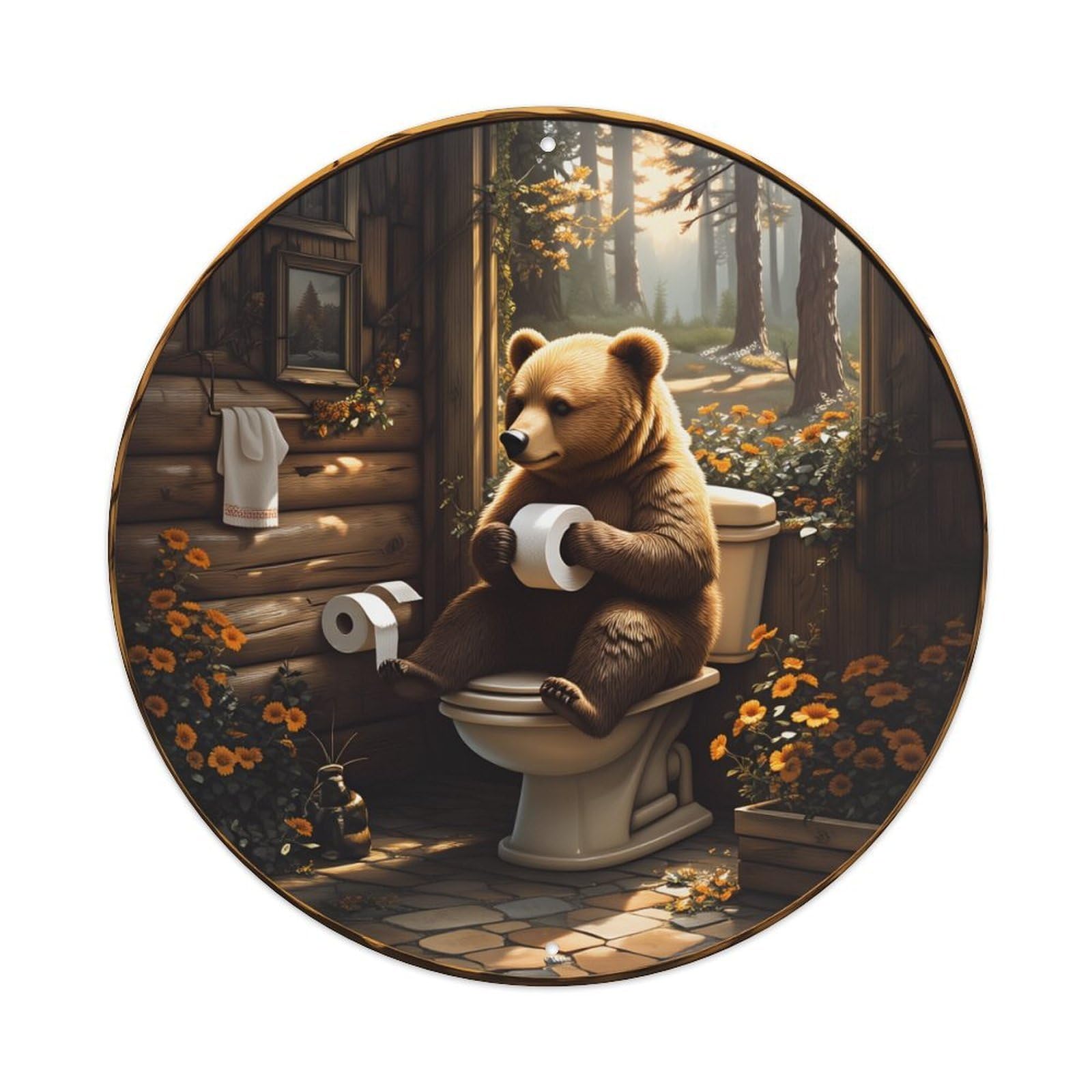 Bear On Toilet In Forest Cabin With Flowers Metal Tin Sign Plaque