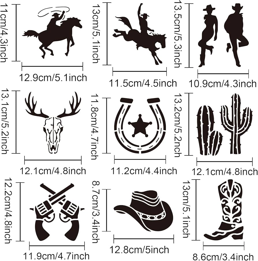 Amazon.com : MAYJOYDIY 9PCS Western Cowboy Stencil 6×6inch Cowboy Boots Hat Cactus Cowboy Cowgirl Stencil Reusable Hollow Out Drawing Template for Painting DIY Gifts Crafts Wood Furniture Wall Decor : Arts, Crafts