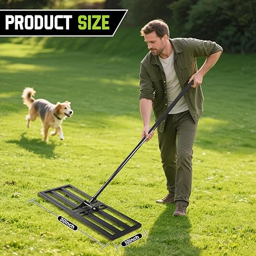 Miniatura 7 de Rastrillo nivelador de césped con dientes, nivelador de suelo de patio, nivelador de alta resistencia de 30 x 10 pulgadas, borde liso antigiro,