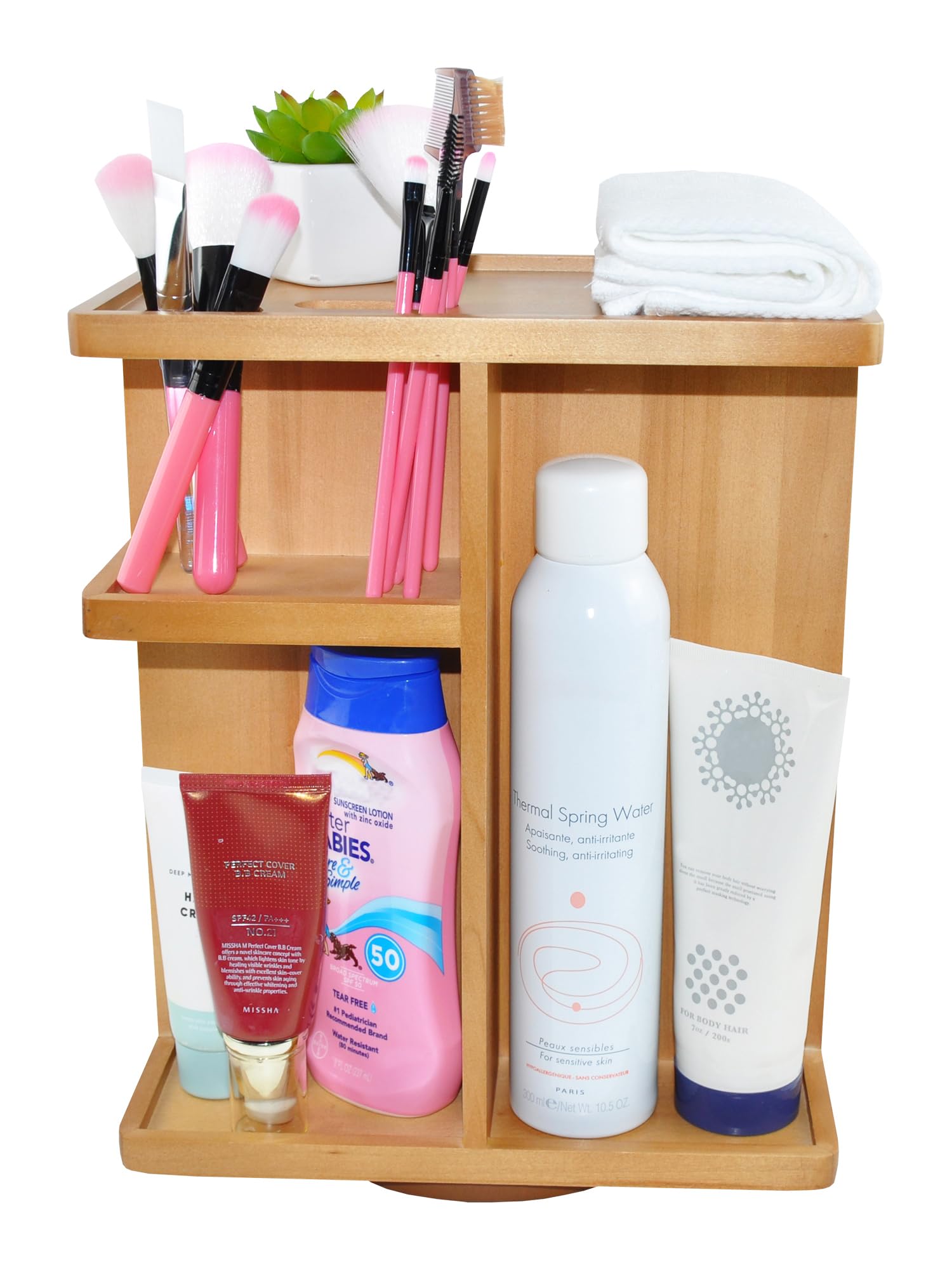 Drehbarer Kosmetik-Organizer, Multifunktions-Aufbewahrung, 360 Grad Karussell für Make-up, Toilettenartikel, Waschtisch, Schreibtisch, Schrank, massives Naturholz mit Akazienbraun