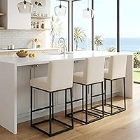 Vista 10 de Taburete de bar de lino crema, taburetes modernos de altura de mostrador de 27 pulgadas con respaldo, marcos de metal negro, taburetes de bar