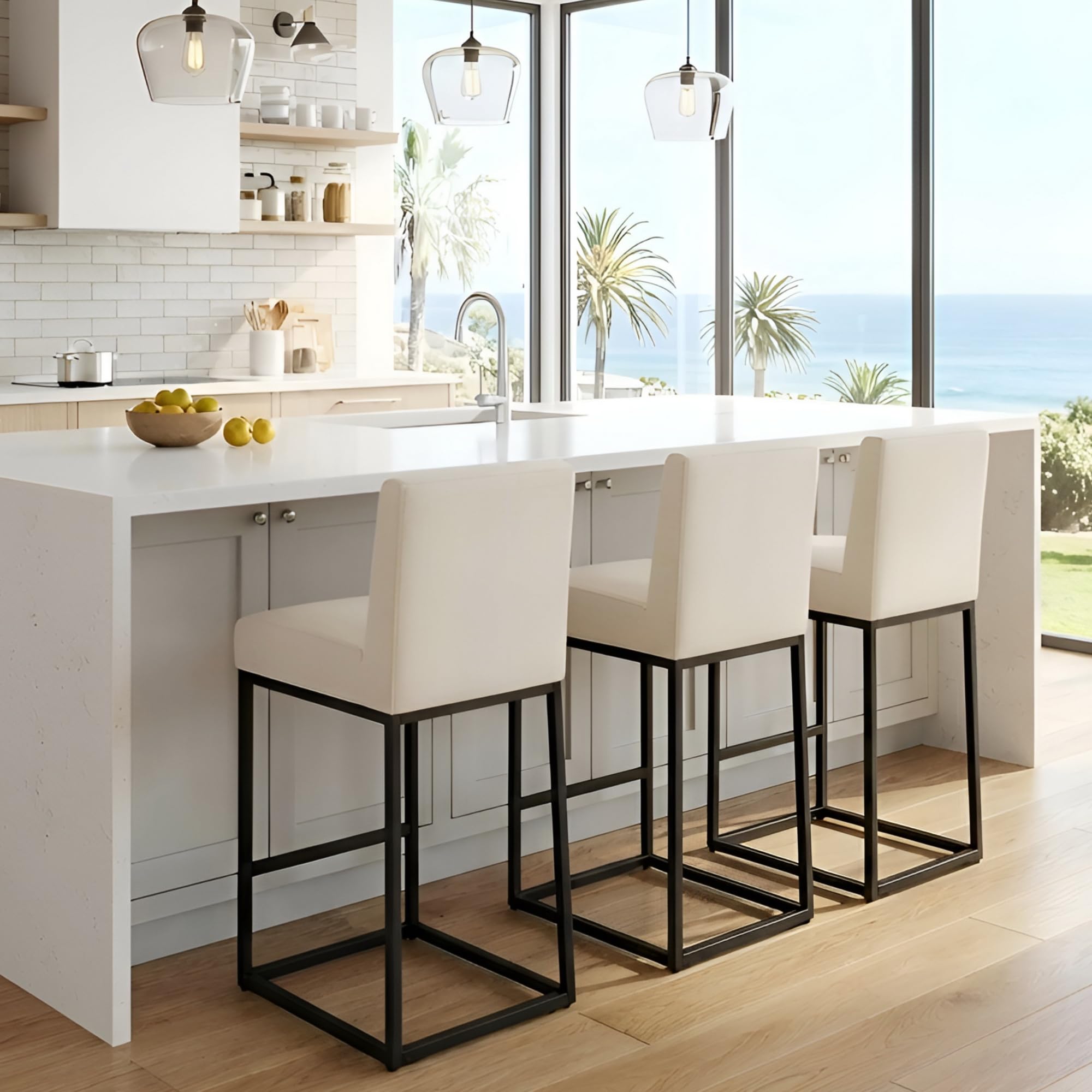 BESTANO Cream Linen Bar Stools Set of 3, 27" Modern Counter Height Stools with Backrest, Black Metal Frames, Upholstered Accent Barstools for Kitchen