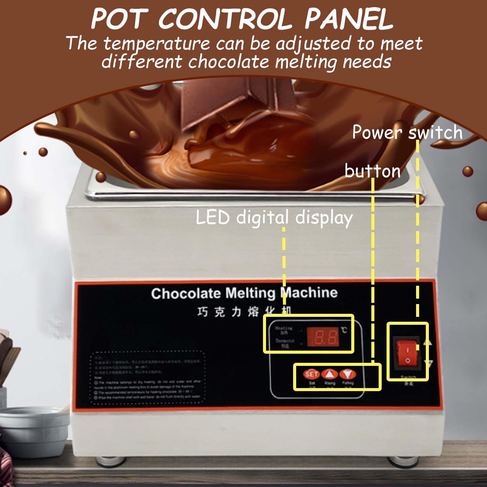 Macchina per Fusione del Cioccolato da 1000 W, con Ruota di Miscelazione del Cioccolato da 60 W/Display A LED/Temperatura Regolabile/Serbatoi Rimovibili/Copertura Antipolvere