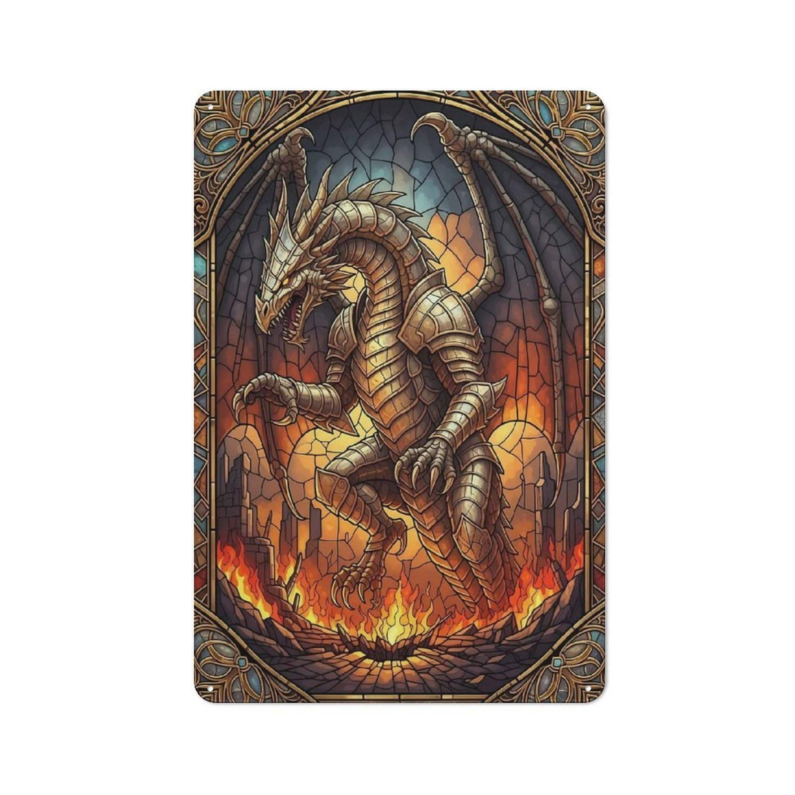 Junmoney Style-7 For Café Or Home Bar, Armored Dragon Stained Glass Illustration Retro Metal Plaque 30X20cm, A Winter Wall Decor Update For Café-Style Decor Fans