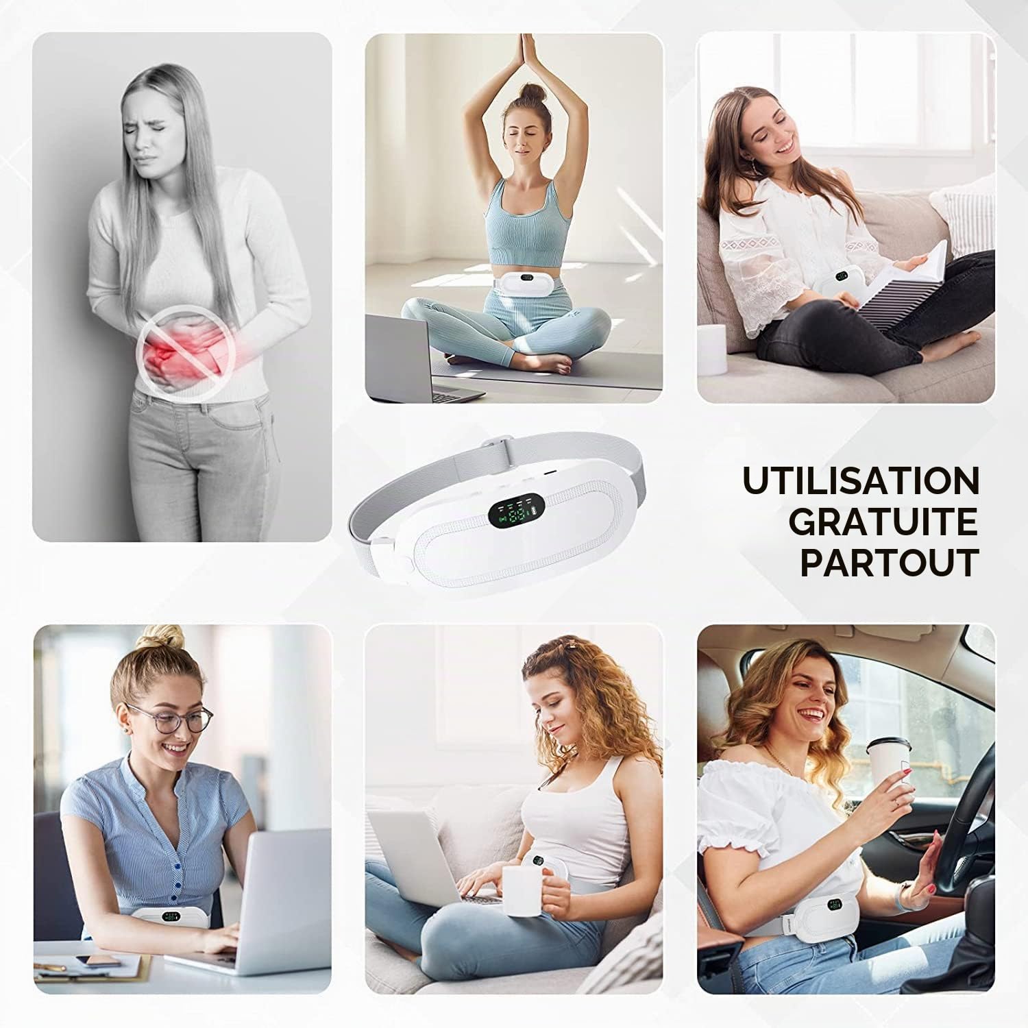 Ceinture Menstruelle Chauffante Avec Batterie 2500 mAh, 3 Modes De Température et 3 Modes De Massage, Coussin Chauffant Rechargeable Par USB Pour Maux De Dos, Crampes, Jambes