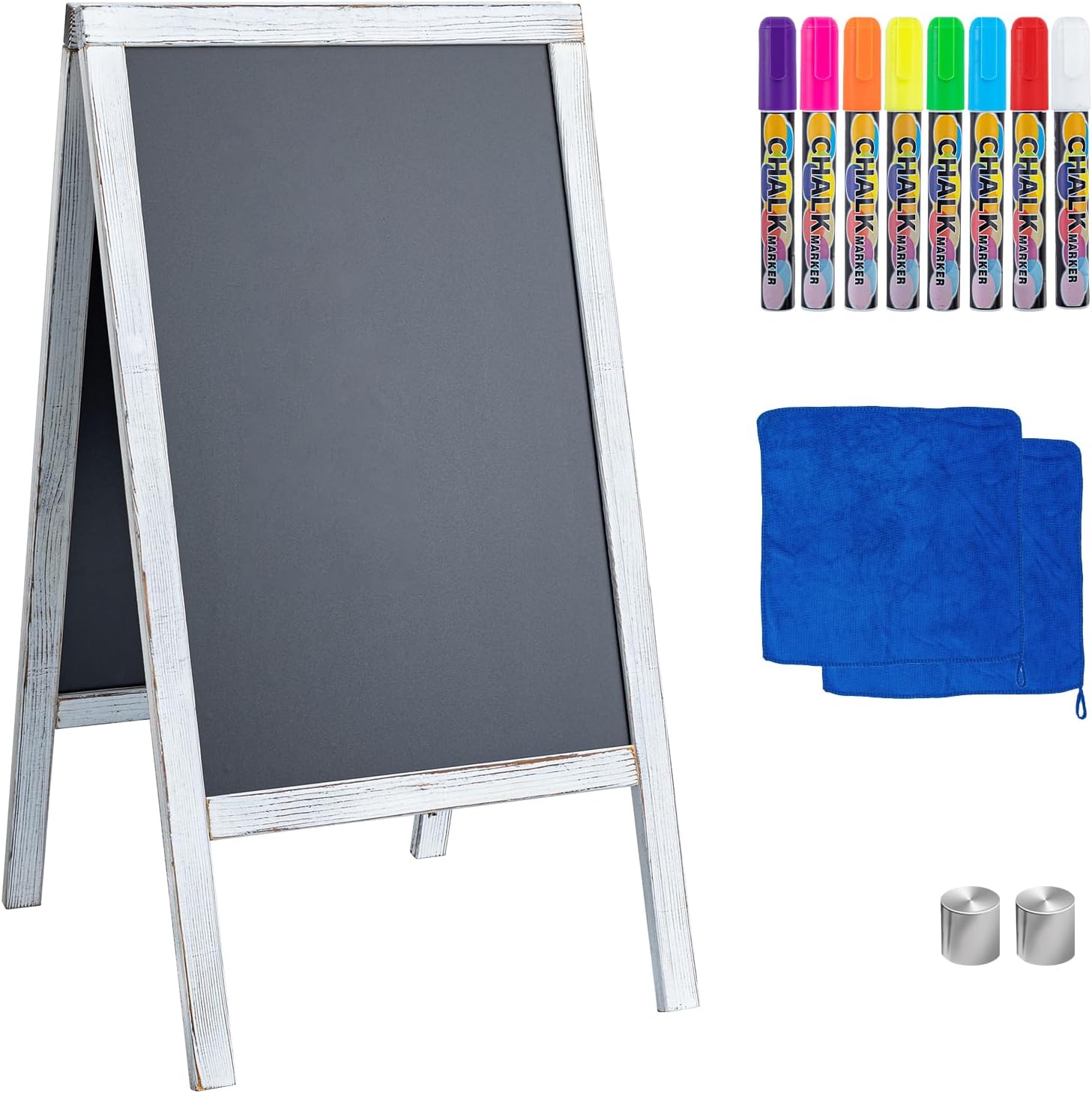 TIANSE Magnetic Wooden A-Frame Chalkboard Sign, Large 40" x 21" Floor Standing Double-Sided Sidewalk Chalkboard Easel, Suit for Store, Restaurant or Wedding with Wipe, Chalk Markers and Magnet (White)