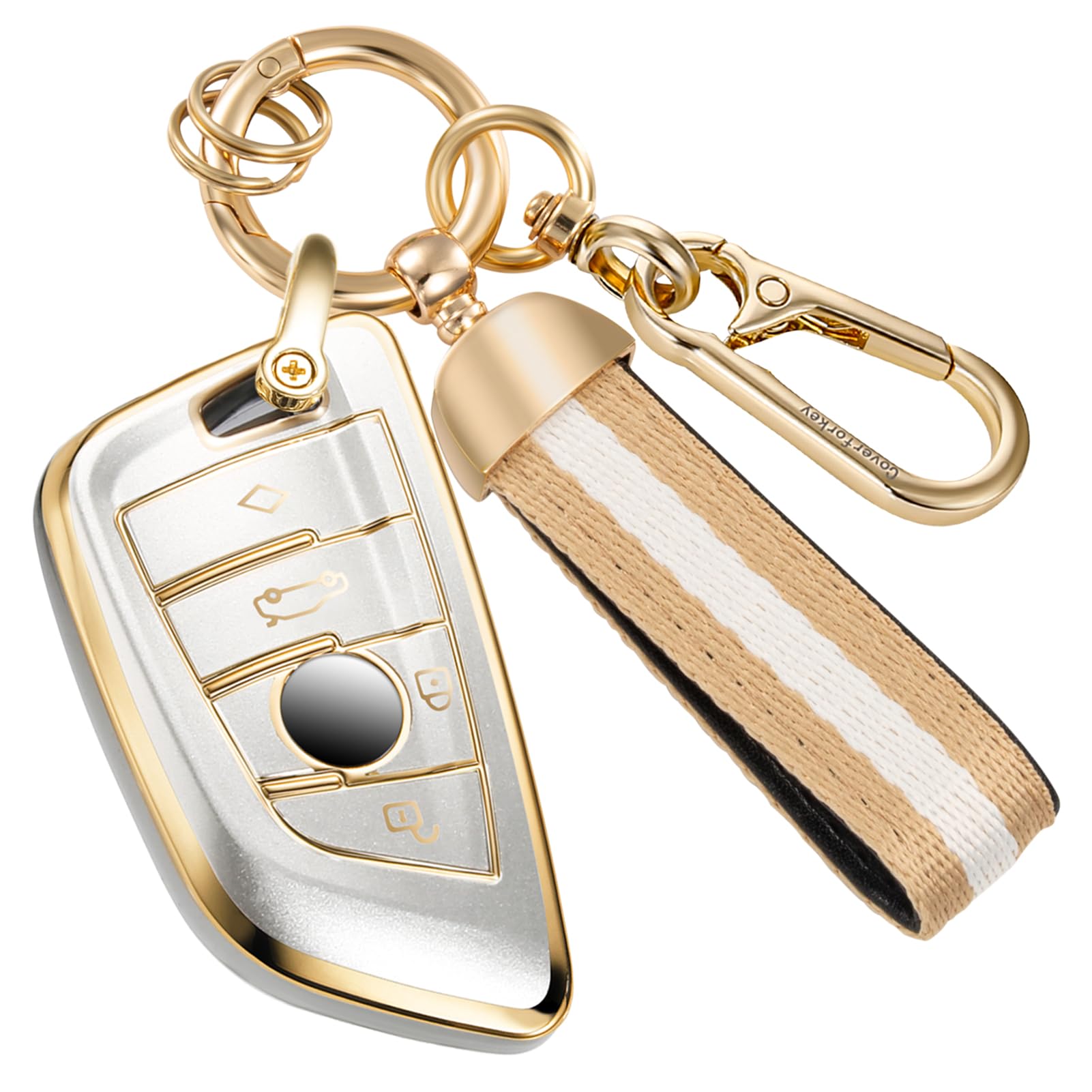 Coverforkey for BMW Key Fob Cover with Nylon Webbing Keychain, Fashionable Matte Metallic Soft Case for X1/3/5/6/7 I4 M4 Z4 2/3/4/5 Key (Rose Gold, B)