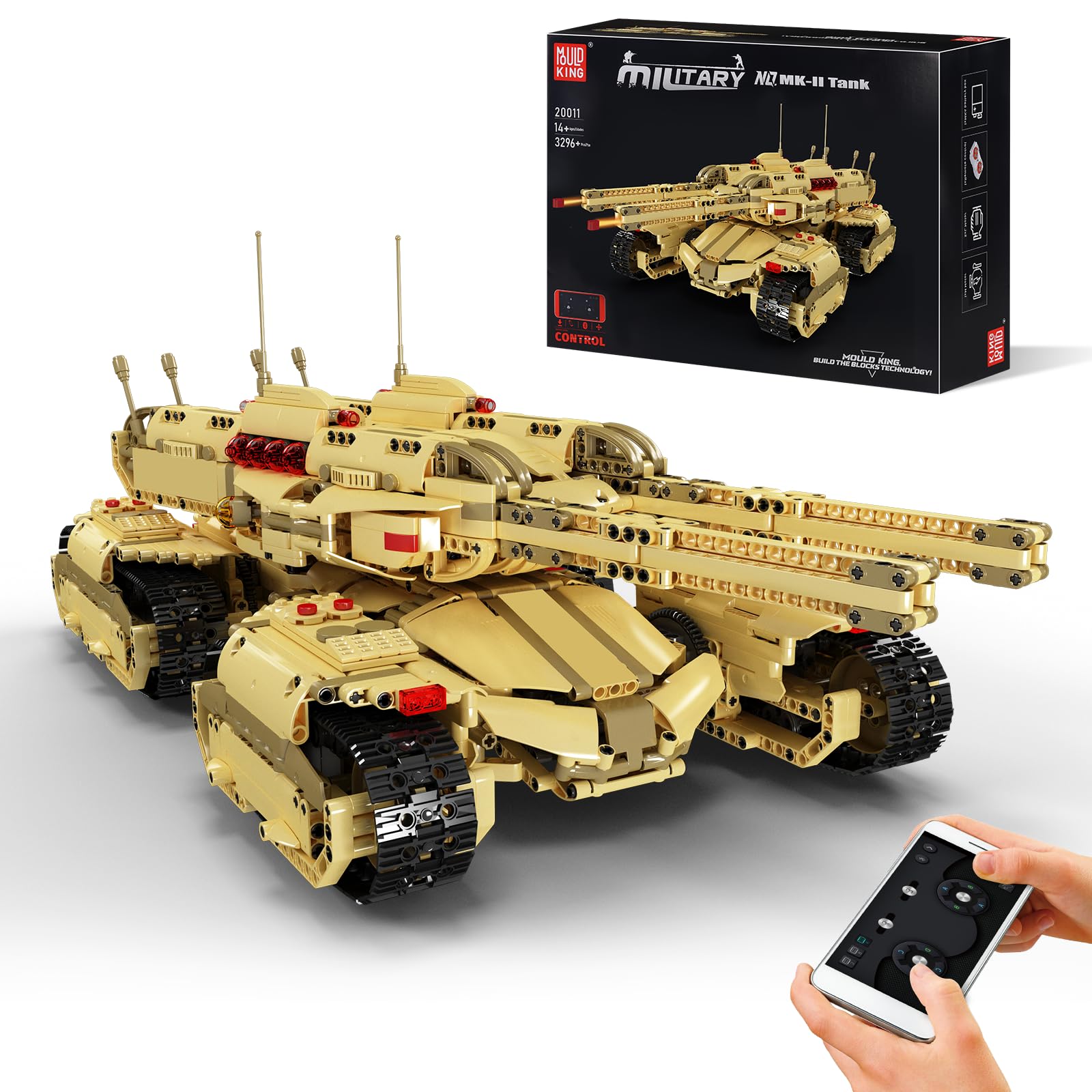 Mould King 20011 Ferngesteuert Tank Bausteine Modell, Technik Panzer Kit mit Fernbedienung und App Dual Control, Panzer Spielzeug Bausatz als Geschenk/Sammlerstücke (3296+ Teile)