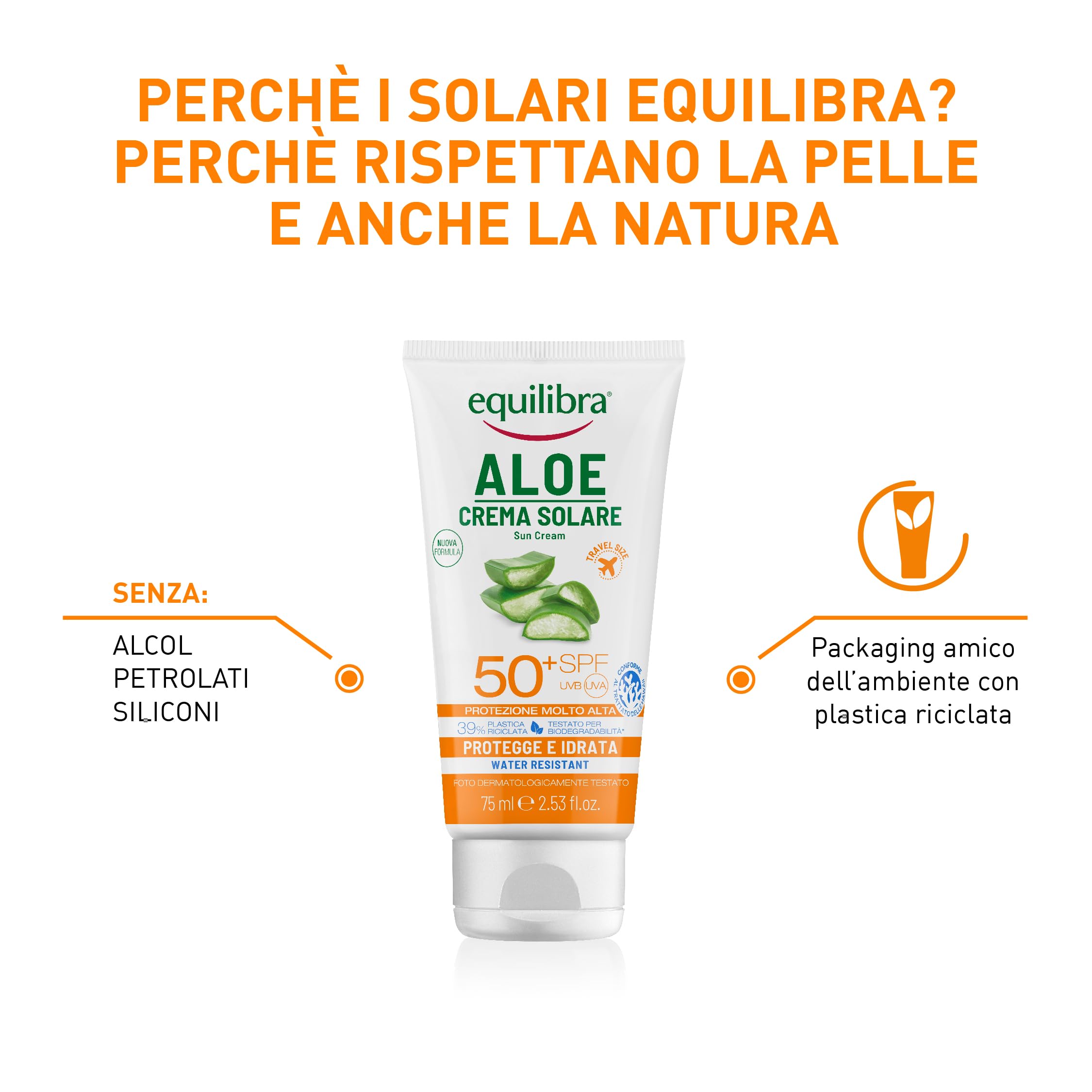 equilibra Solari, Aloe Crema Solare SPF 50+ Travel Size, con Aloe Vera, Vitamina C ed E, Olio di Argan, Olio di Cocco e Burro di Karité, Per un'Abbronzatura Sana e Naturale, Water Resistant, 75ml