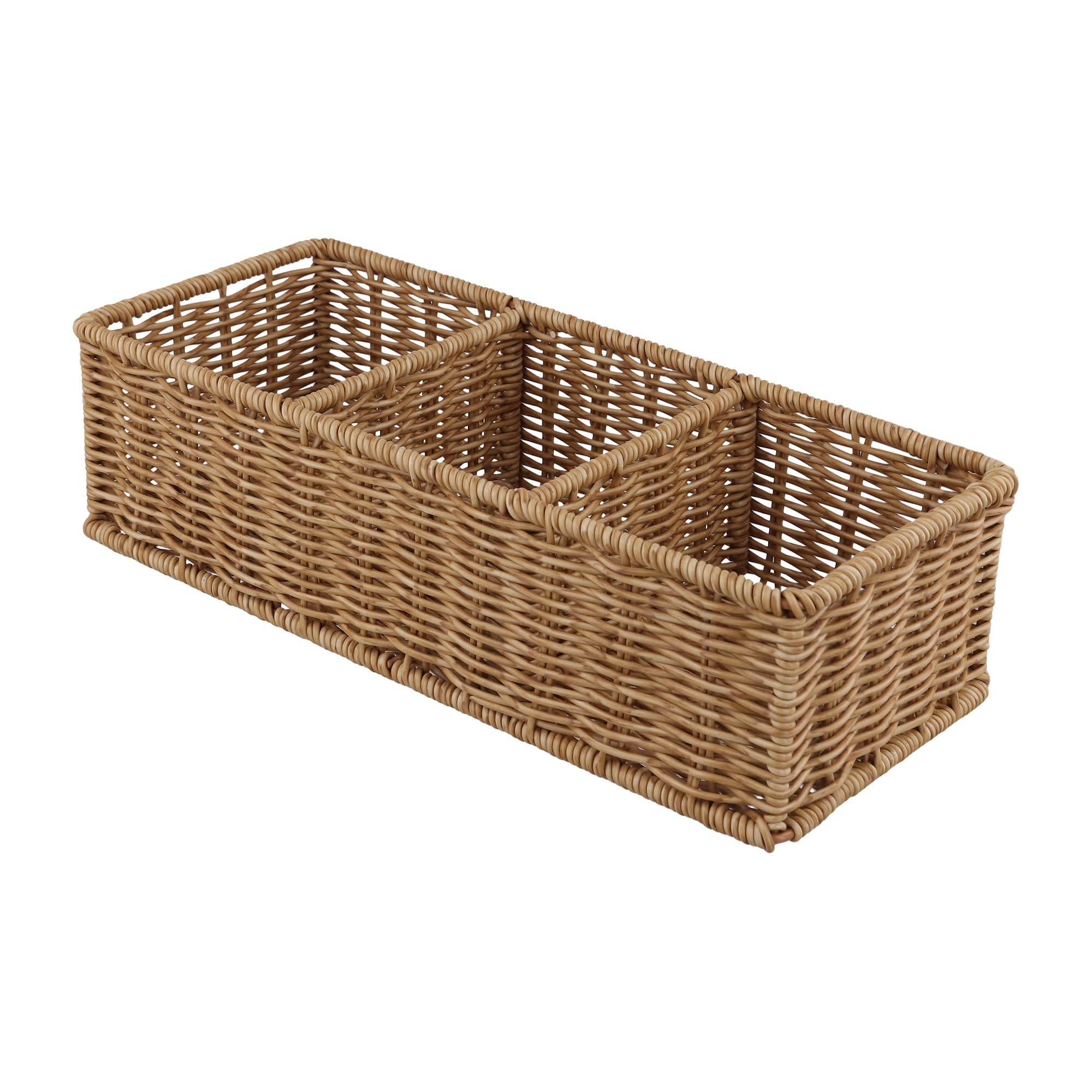 SOUJAP Wicker Basket with 3 Compartments, 35 x 15 x 9.5 cm Rectangular Imitation Rattan Woven Storage Organiser for Bathroom