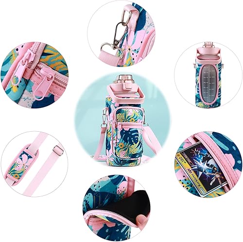 Miniatura 2 de RYI Botella de agua de medio galón con funda y correa, botellas de agua motivacionales de 64 onzas con pajilla, jarra de agua grande de boca ancha