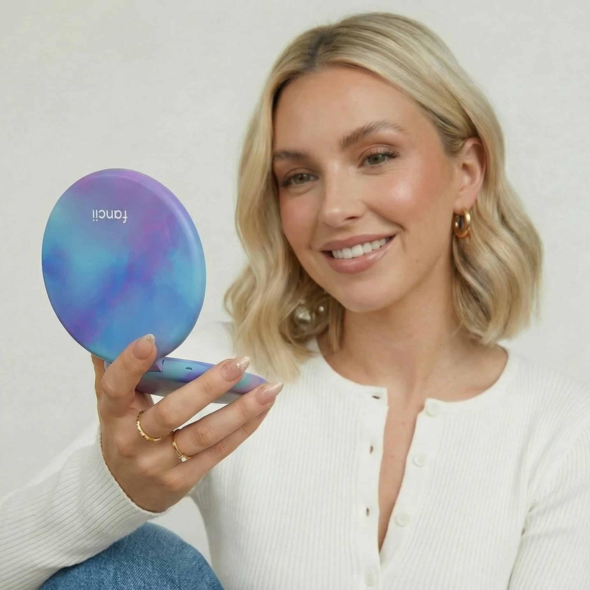 Fancii Taylor - Espejo de maquillaje de viaje con luz LED, recargable, aumento de 10x/1x y 3 ajustes de luz, espejo compacto y grande de 5 pulgadas de ancho para bolso y bolsos (laguna de lavanda)