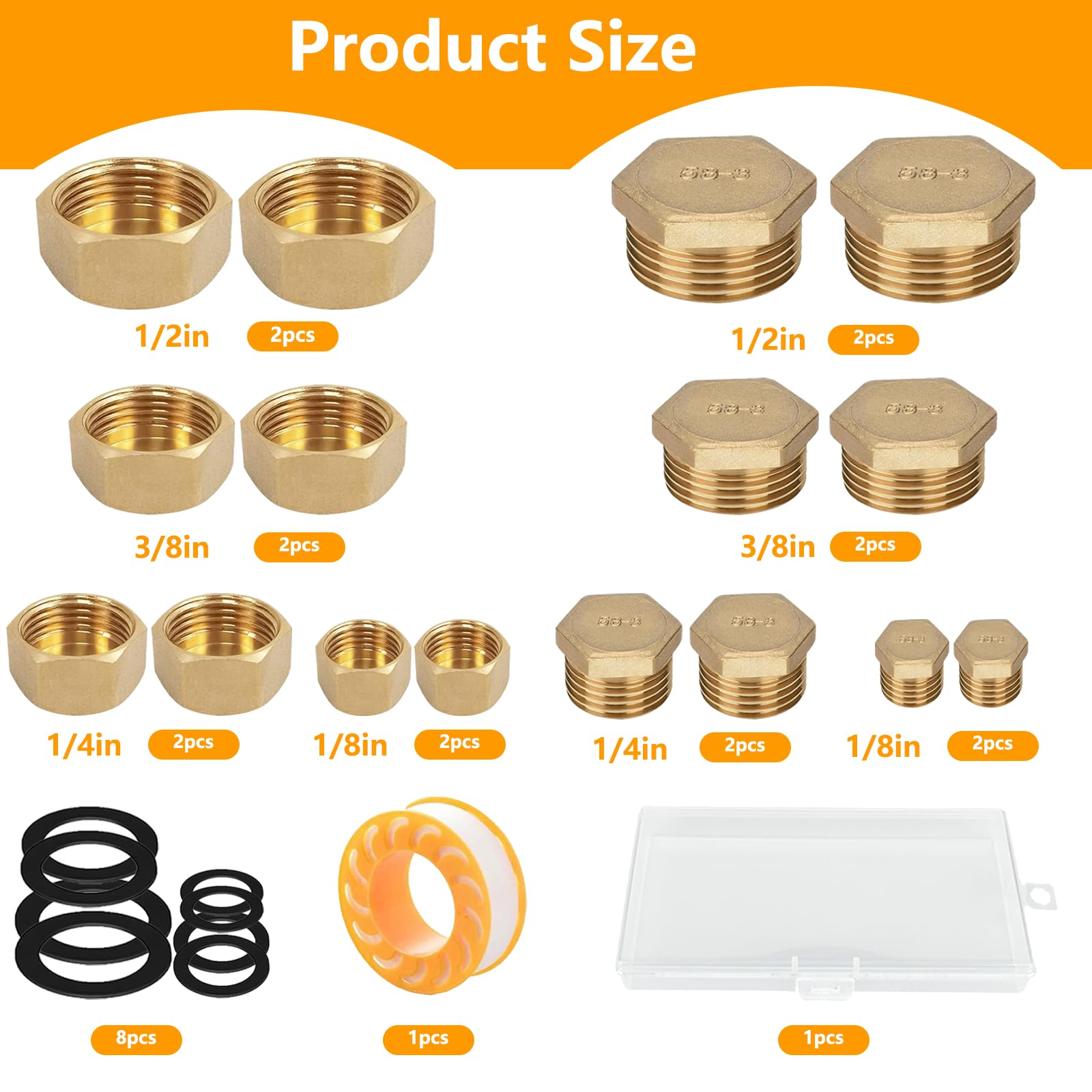 16 Pcs Tubo Dell'Acqua con Tappo Cieco, 1/8 1/4 3/8 1/2 Tappo per Tubo in Ottone con Filettature Interne ed Esterne, Tappo Ottone 1/2, Tappo in Ottone Esagonale con Scatola Portaoggetti