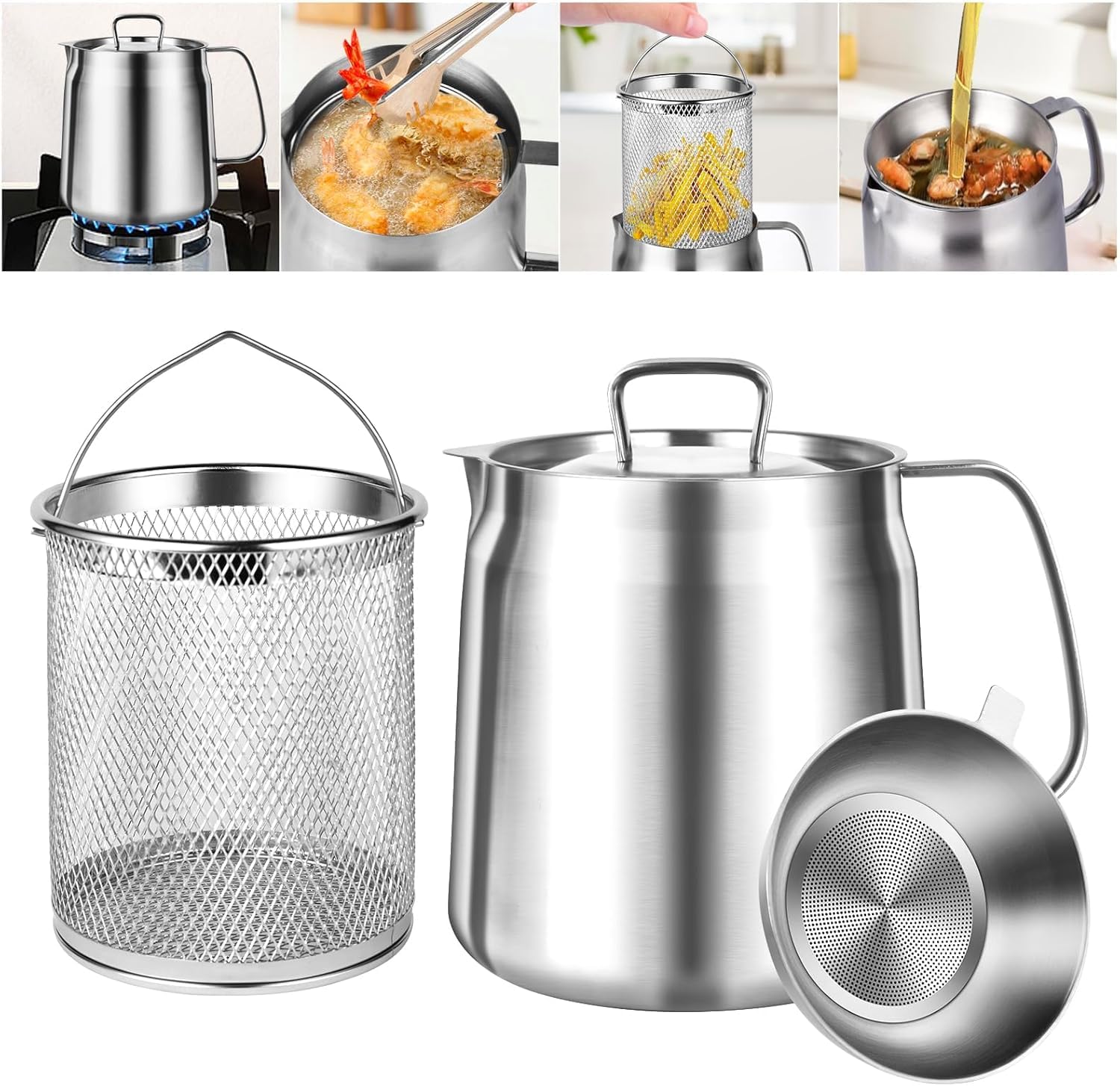 Cacerola para freír con filtro de malla fina, acero inoxidable, depósito de aceite de 2 l y recipiente de grasa para freír y grasa para alimentos, utensilios de cocina