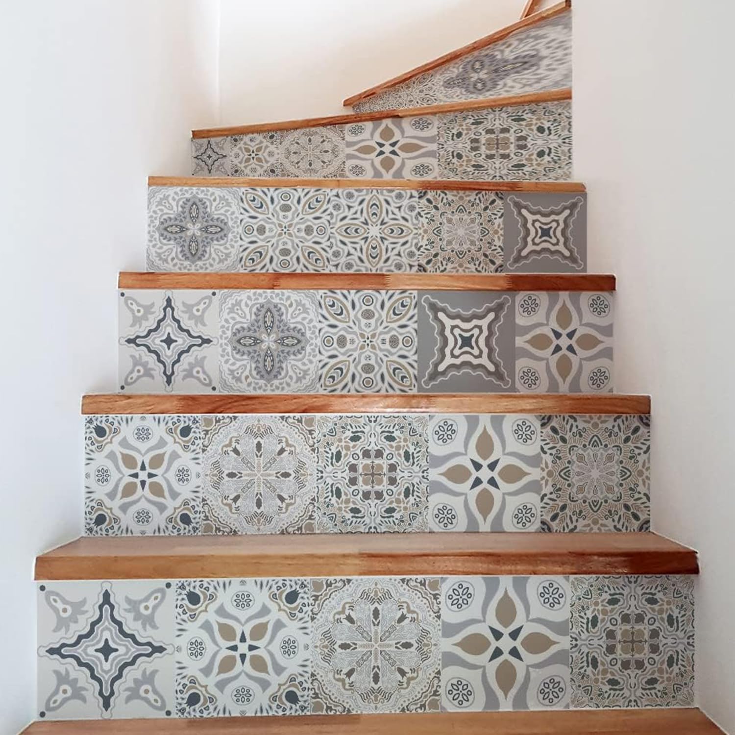 funlife 7 Strips Stair Riser Stickers Peel and Stick, Self Adhesive Vinyl Stair Risers Staircase Murals Decals Sticker Decor for Steps, 39.37"x7.09", Vintage Geometry
