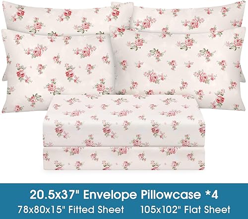 Miniatura 3 de BYSURE Juego de sábanas King de 6 piezas (rosa rosa floral), sábanas con patrón botánico de núcleo de cabaña, decoración de ropa de cama de