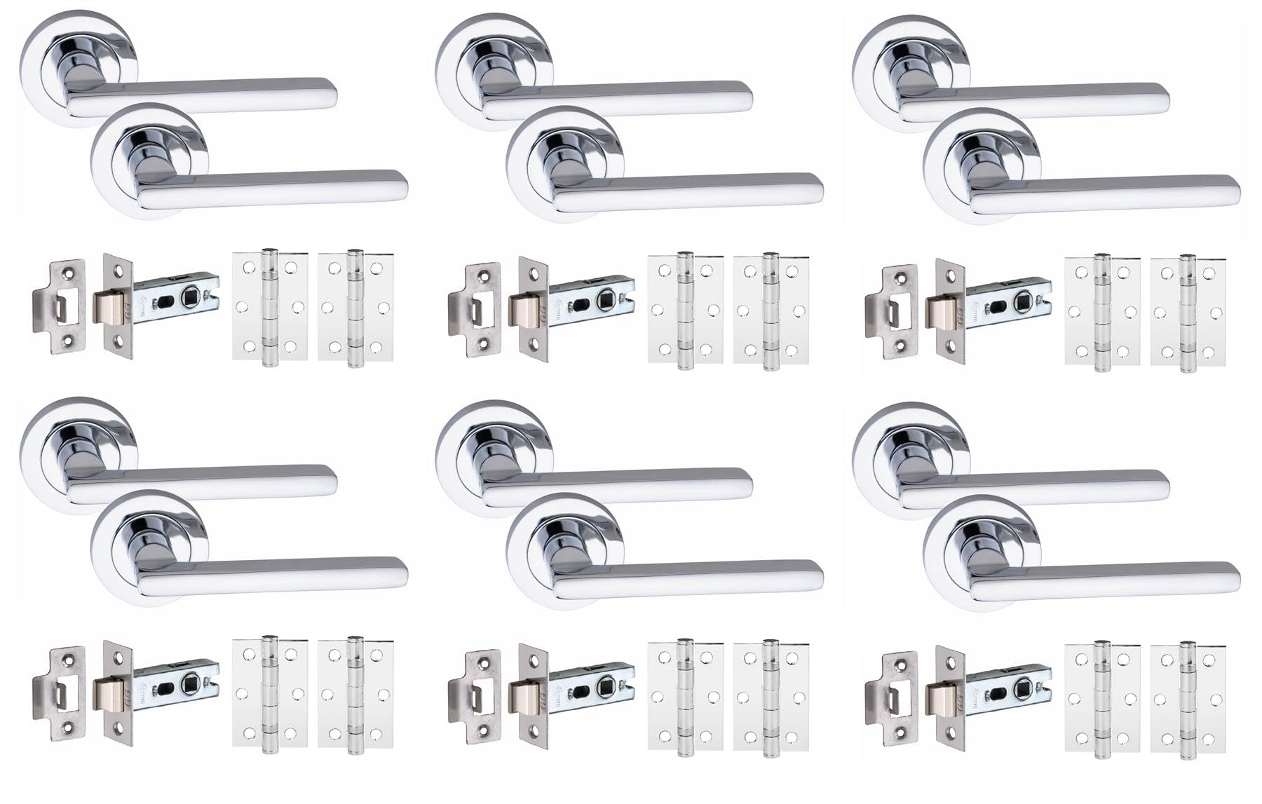 Golden Grace 6 Set Leon Design Door Handles with Tubular Latch and 1 Pair of 3" Ball Bearing Hinges Polished Chrome Finish