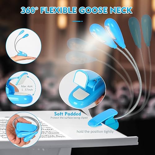 Miniatura 4 de TEECOO Luz de soporte de música, luces LED de libro con clip, funciona con pilas USB y AAA, lámpara de lectura en la cama, 4 niveles de brillo, Azul