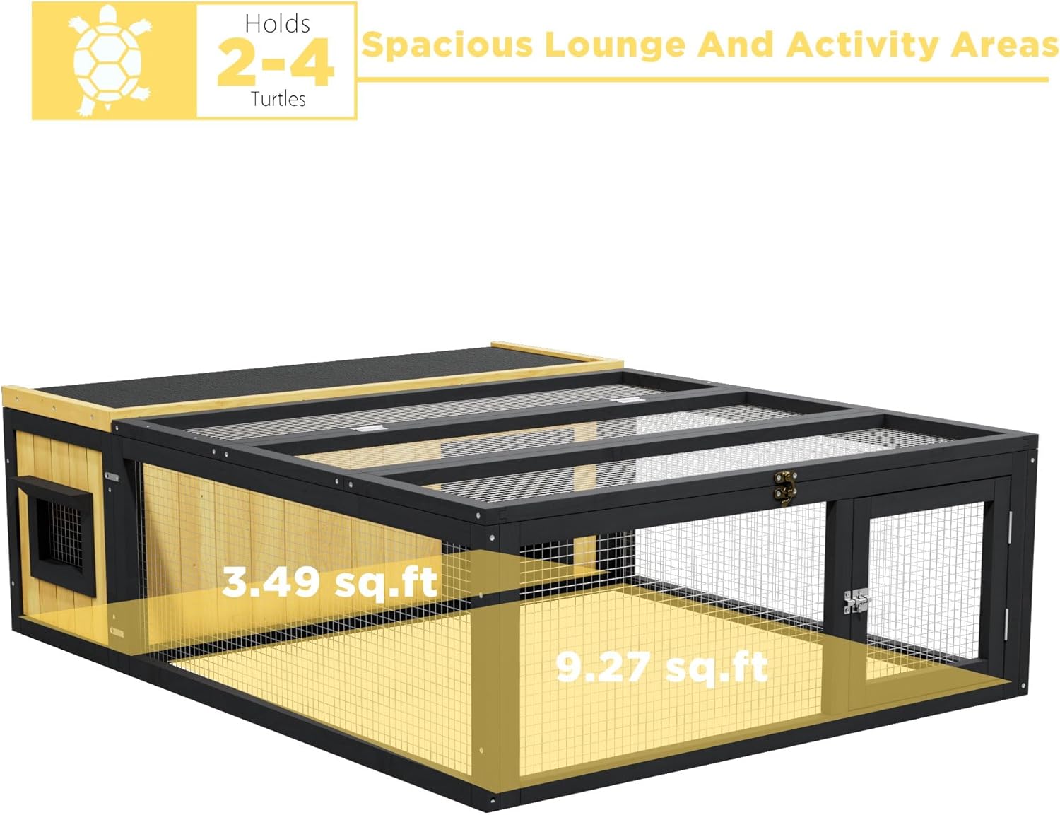 Large Tortoise Hidden Habitat Enclosure Wooden Turtle House Indoor Outdoor with Openable Roof & Ventilating Wire Fence for Small Animals Outside Garden Backyard (Wood2)