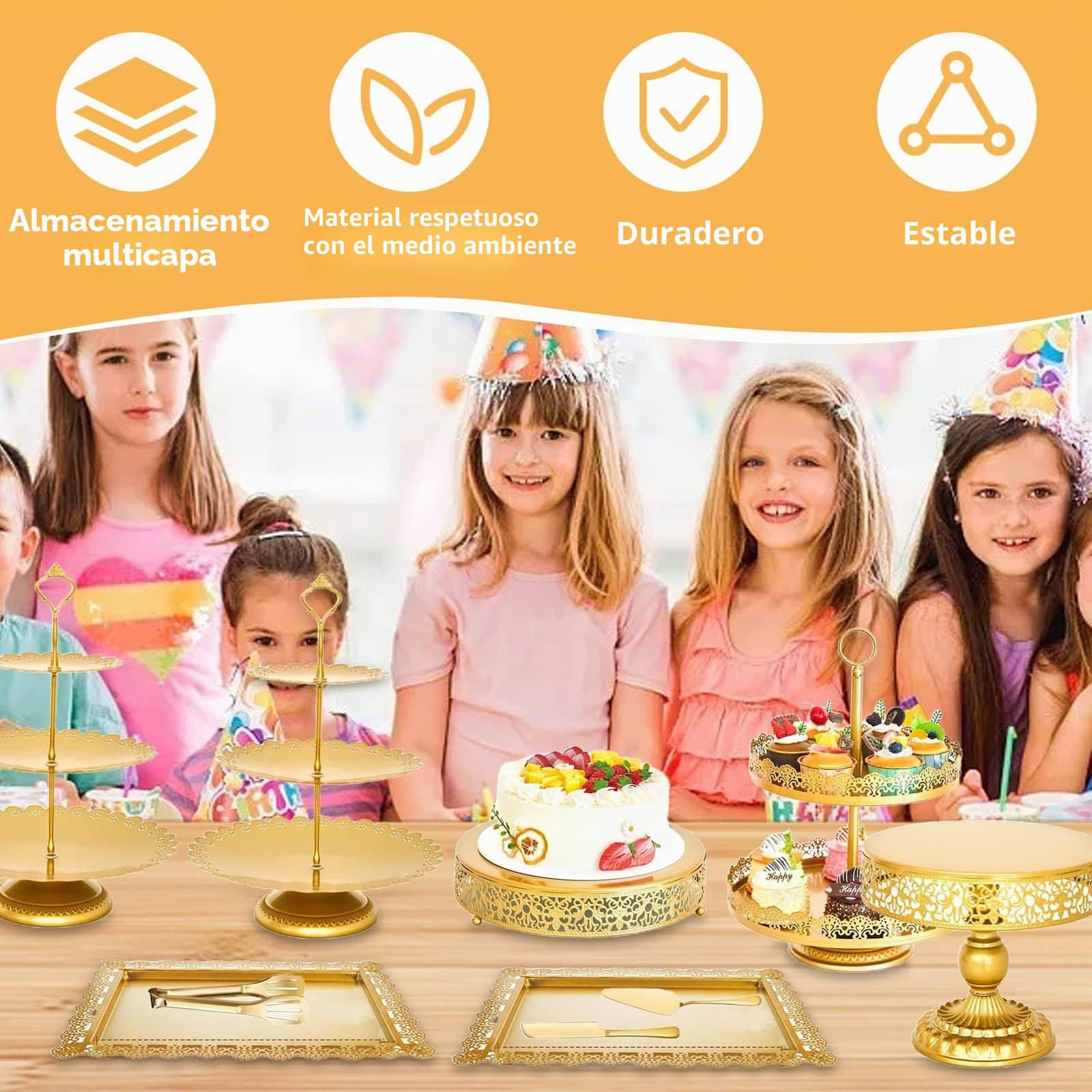 DYUEE Juego de 10 soportes redondos de metal dorado para tartas