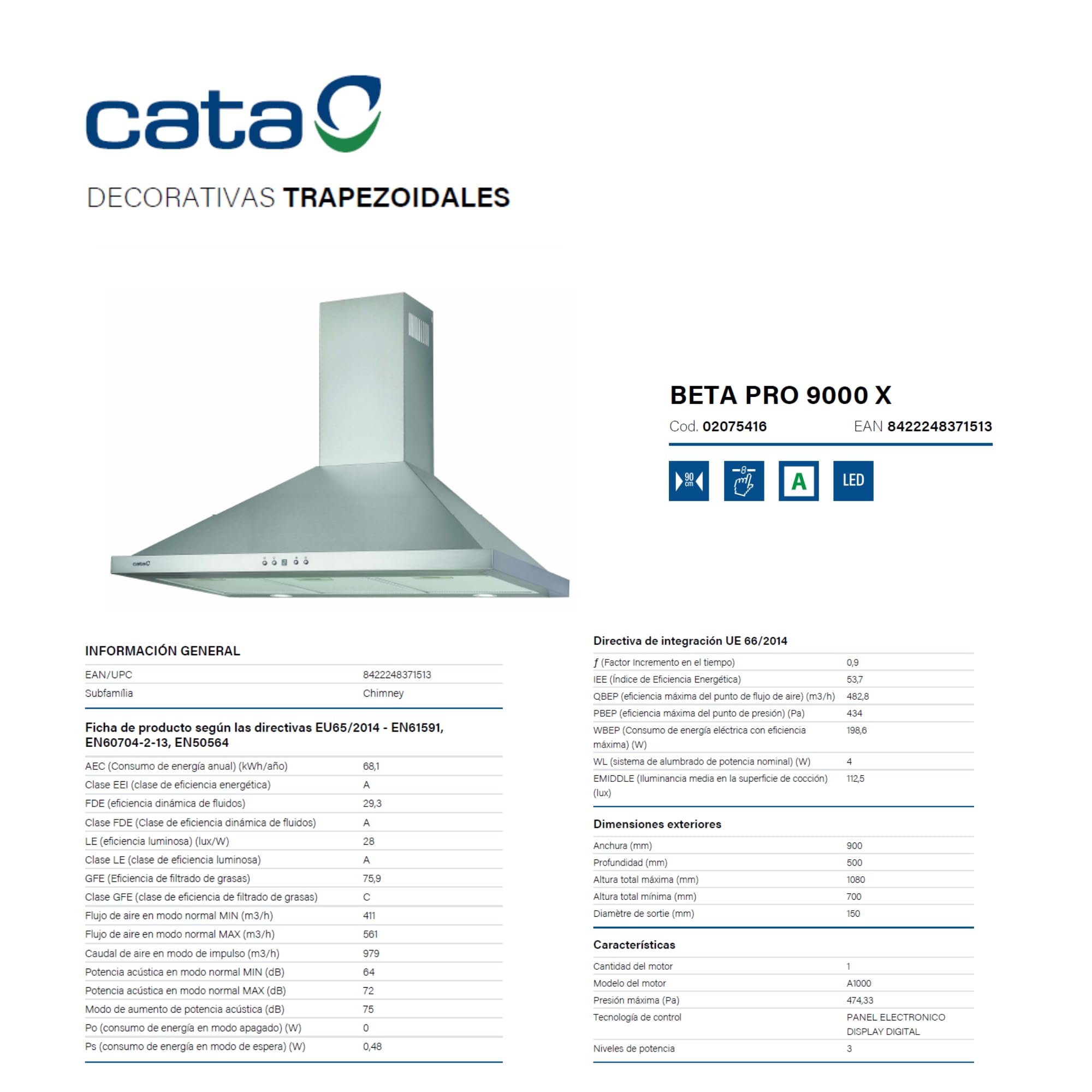 CATA Beta Pro 9000 X Campana Extractora Decorativa Trapezoidal de 90 cm, 979 m³/h, Panel Electrónico Digital, 3 Potencias, Iluminación LED, Clase A,Acero Inoxidable