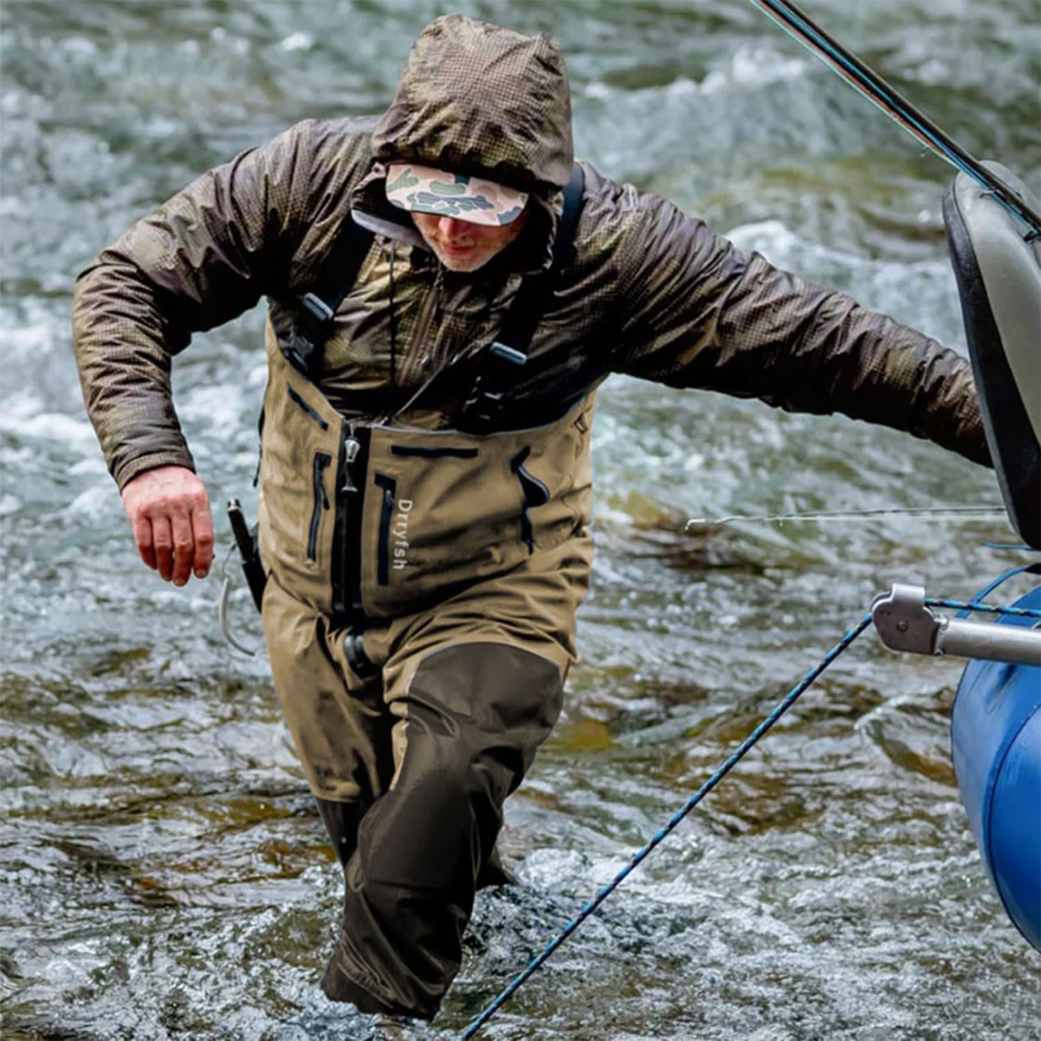 Front Zippered Breathable Chest Waders with Neoprene Suspenders for Men