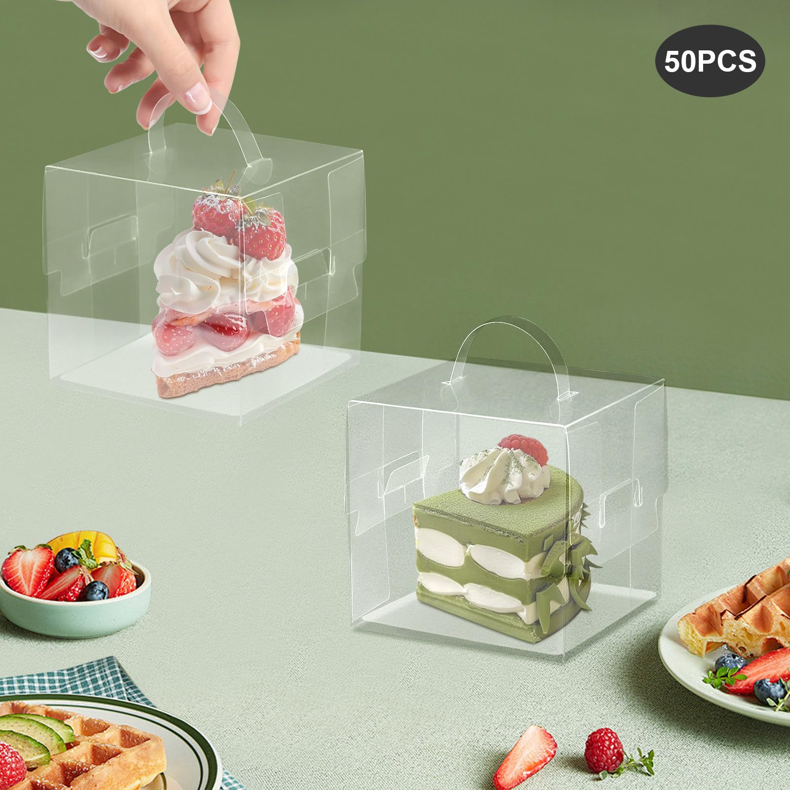 WsrrLun 50 Pcs Clear Cake Box Set, Plastic Cake Carrier with Lid and Handle, Stackable Cupcakes Cookies Chocolates Display Containers for Wedding Birthday Party (4.33 * 4.33 * 4.33in)