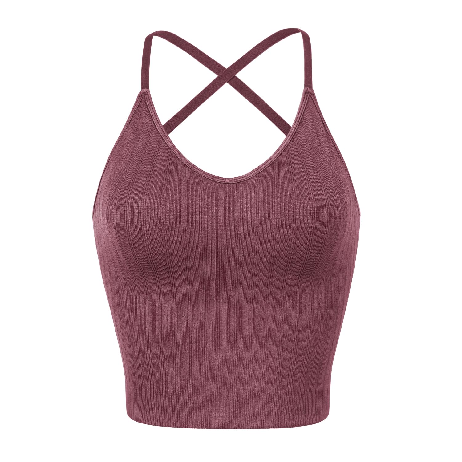 ODODOSSeamless Padded Sports Bra for Women Criss-Cross Back Longline Wirefree Brami Ribbed Crop Tank Tops