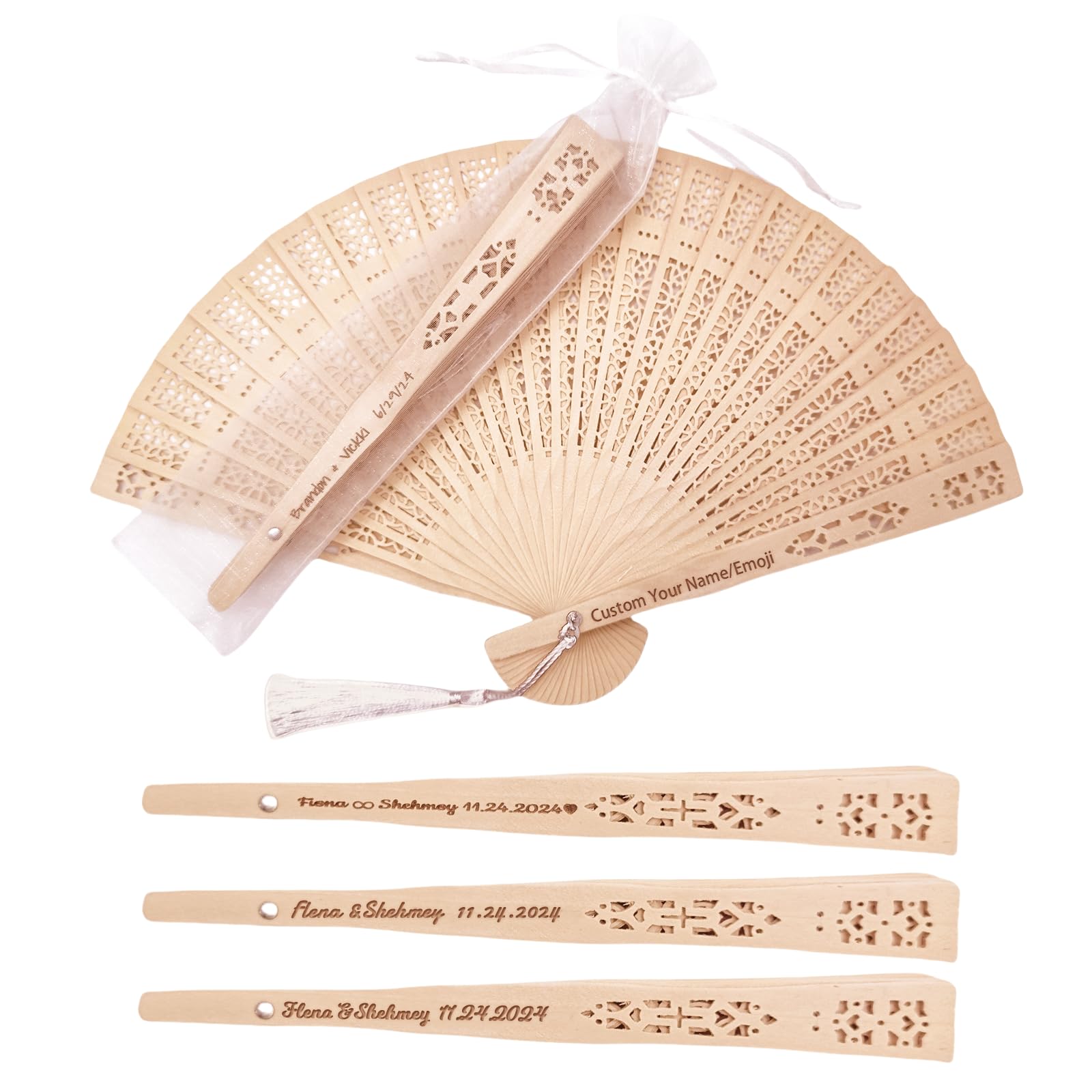 100Pcs Personalisierbarer Fächer mit Gravur Text/Symbole Holzfächer Naturholz Damen Handfächer für Hochzeiten, Sauna, Rave,Festival & Deko Hochzeitsgeschenke,Fächer Set, Mengenrabatt (100)