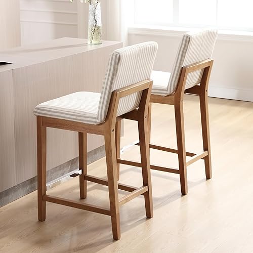 Miniatura 6 de chairus Juego de 2 taburetes de bar altos de tela, taburetes de bar tapizados de lino con patas de madera maciza y respaldo para cocina, isla de